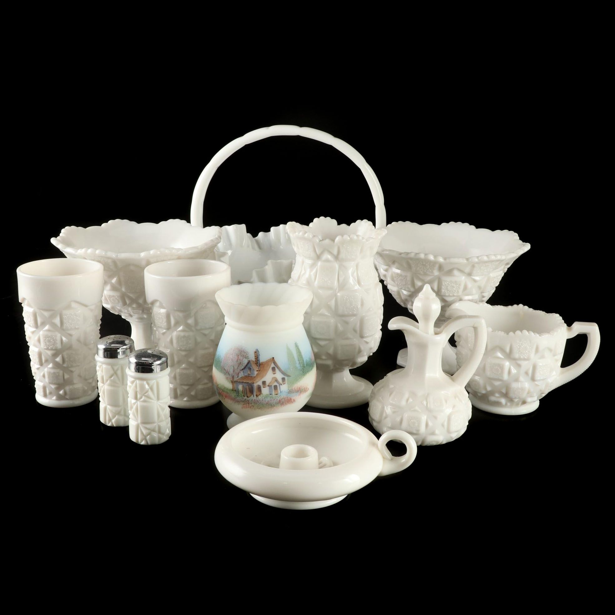 D. Fredrick Hand-painted Vase and Other Milk Glass Tableware, Mid-20th Century