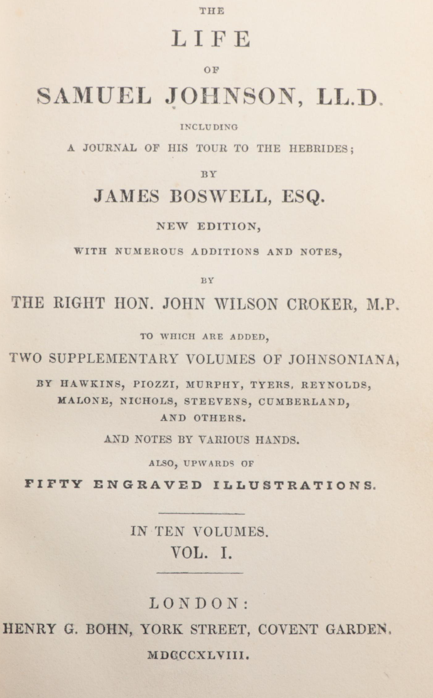 "The Life of Samuel Johnson" Complete Ten-Volume Set, 1848