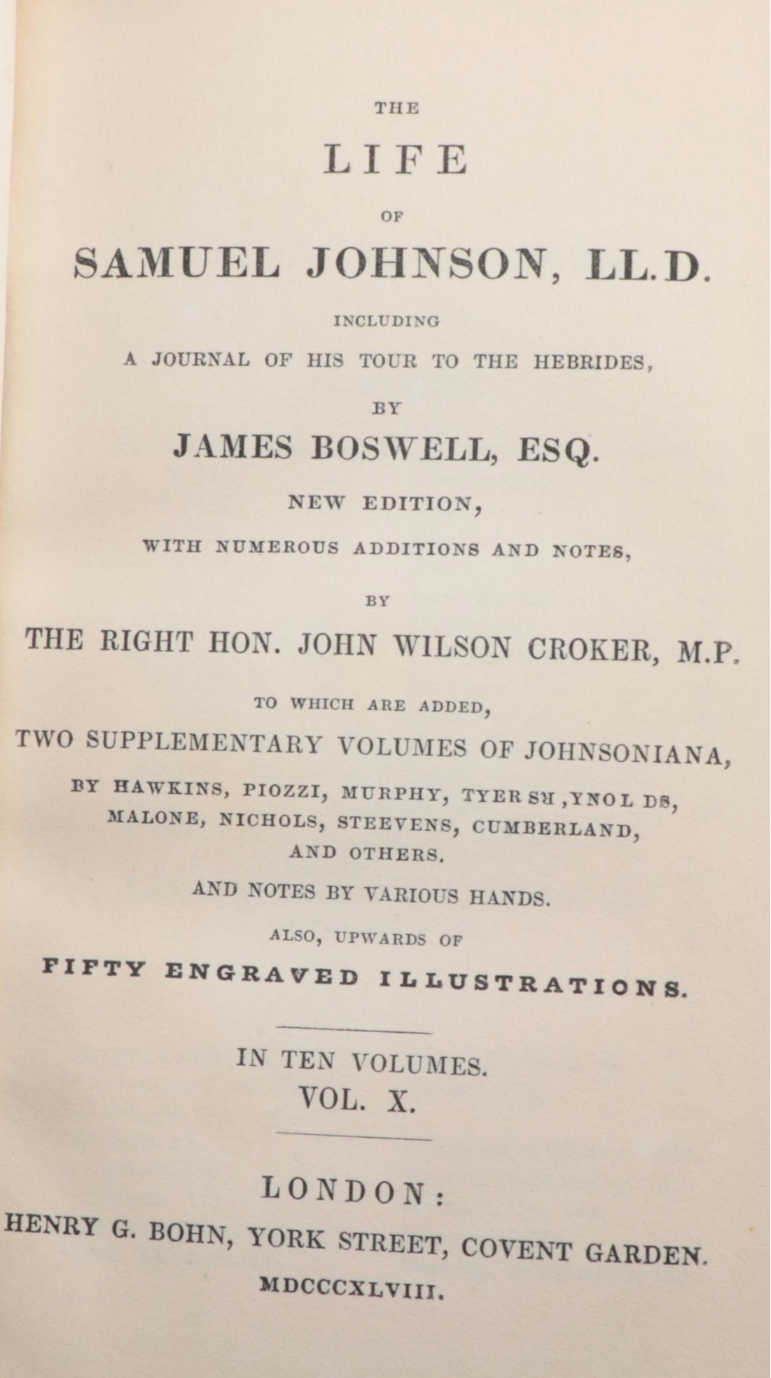 "The Life of Samuel Johnson" Complete Ten-Volume Set, 1848