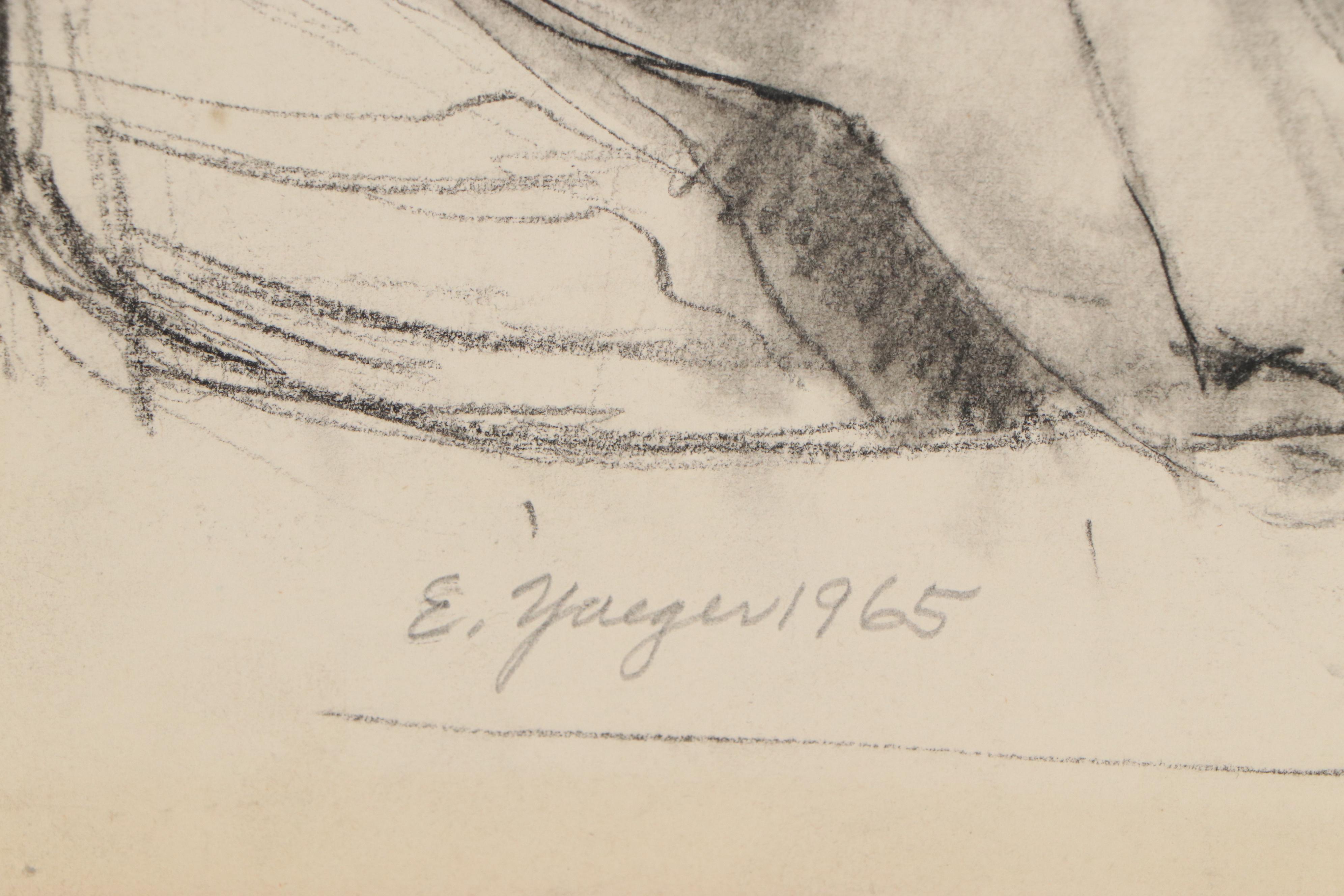 Edgar Yaeger Charcoal Drawing of Reclining Female Nude, 1965