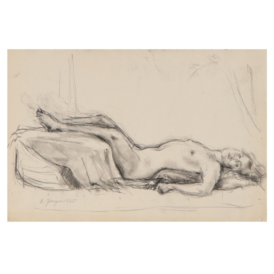 Edgar Yaeger Charcoal Drawing of Reclining Female Nude, 1965