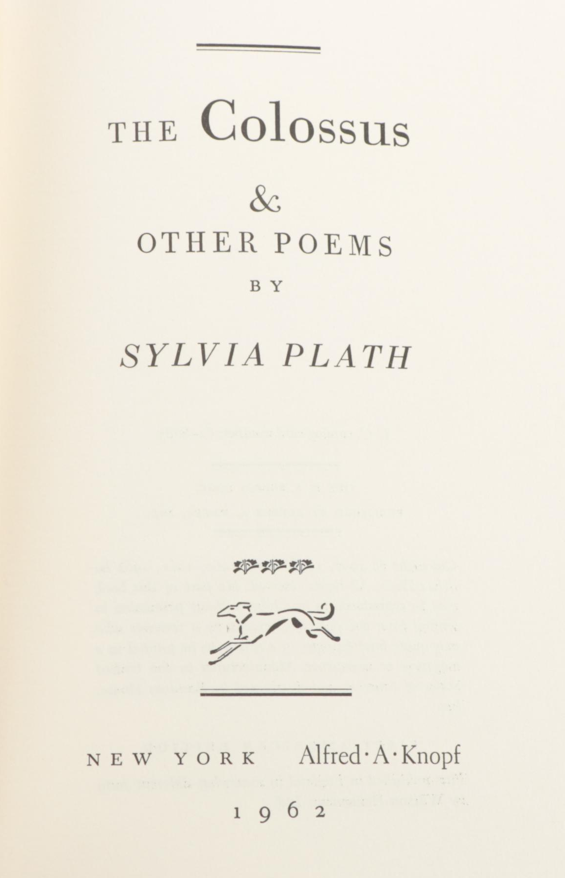 First American Edition "The Colossus and Other Poems" by Sylvia Plath, 1962