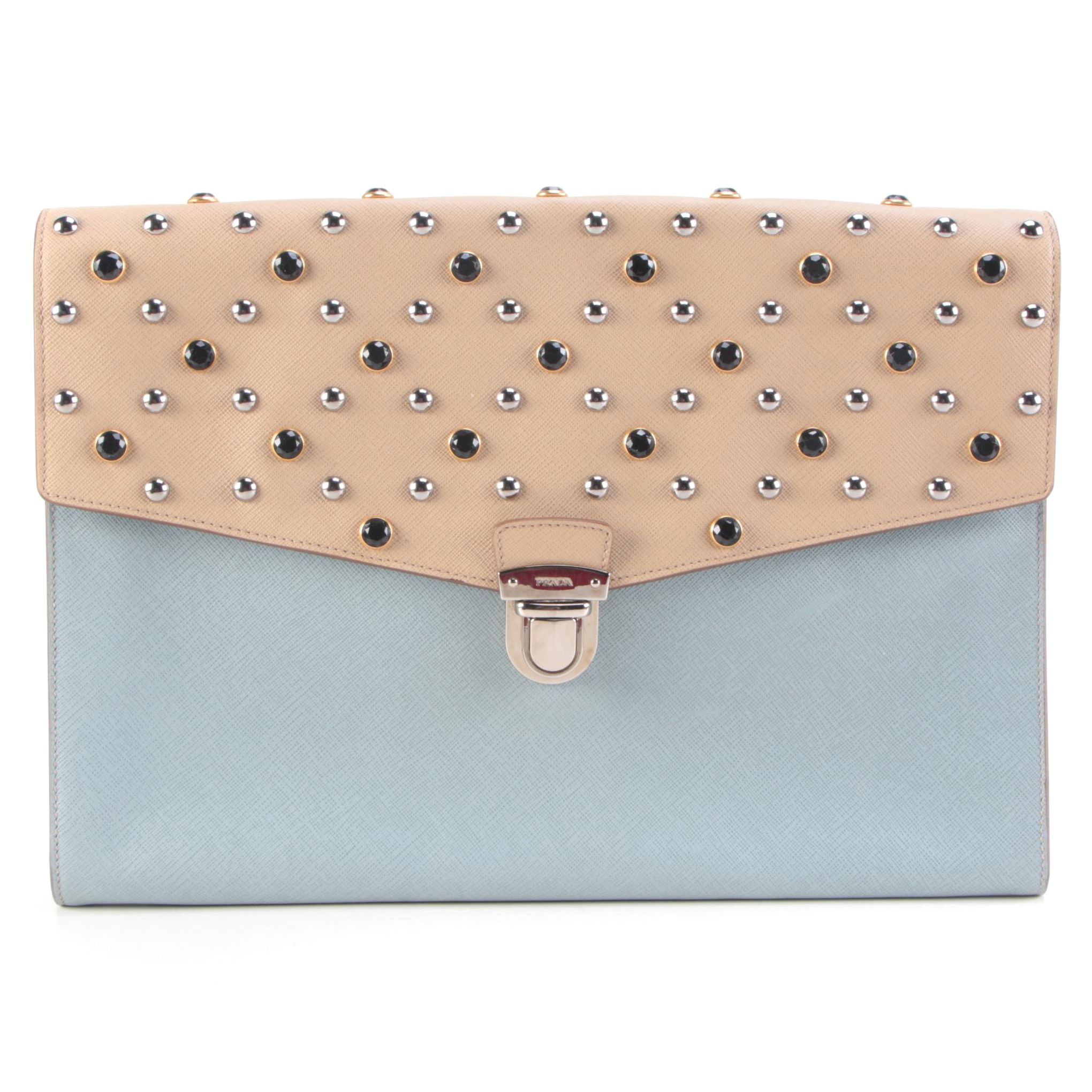 Prada Portfolio Clutch in Studded Bicolor Saffiano Leather
