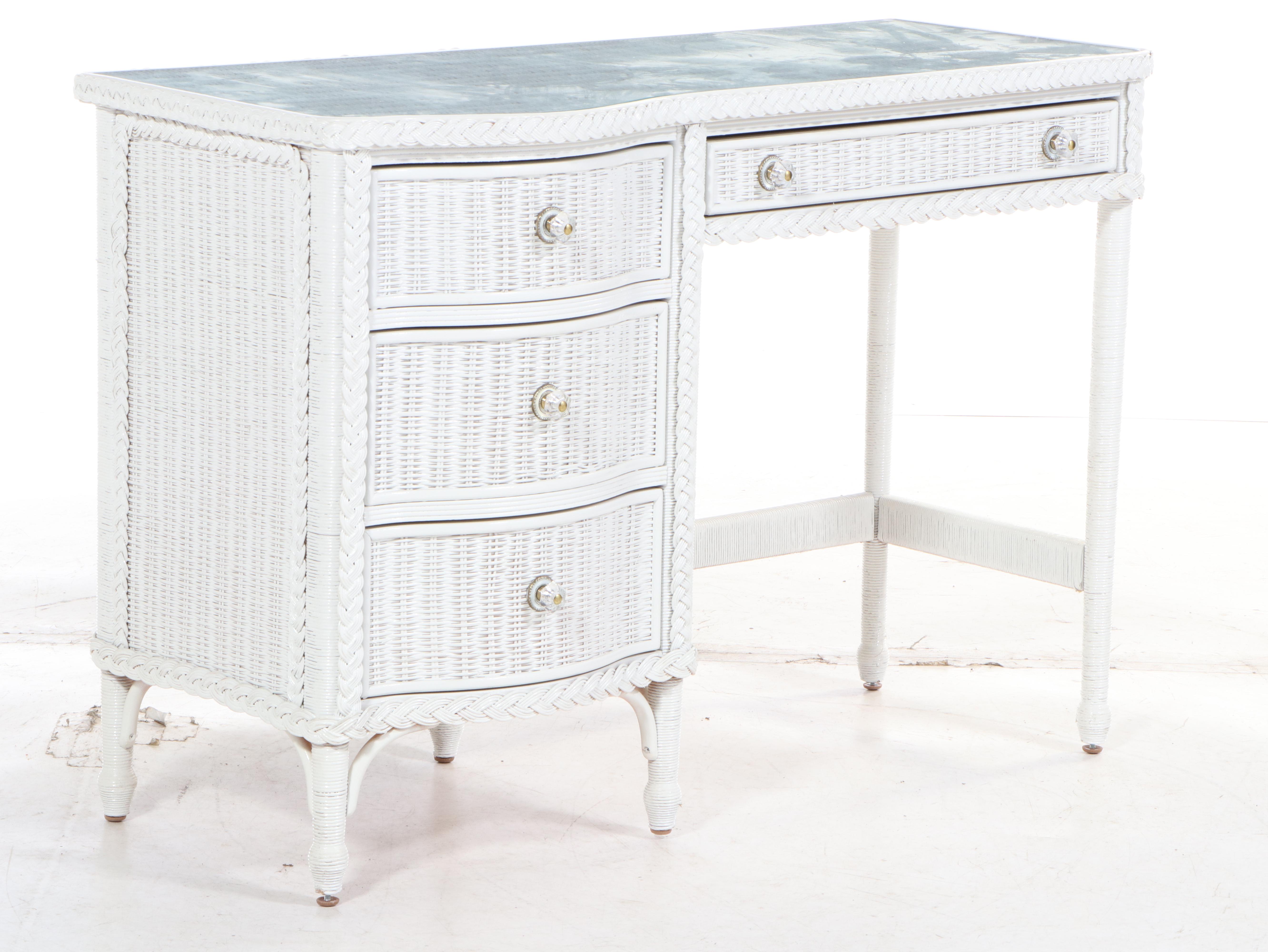 Henry Link for Lexington White Wicker Glass Top Vanity with Mirror, Chair, Other