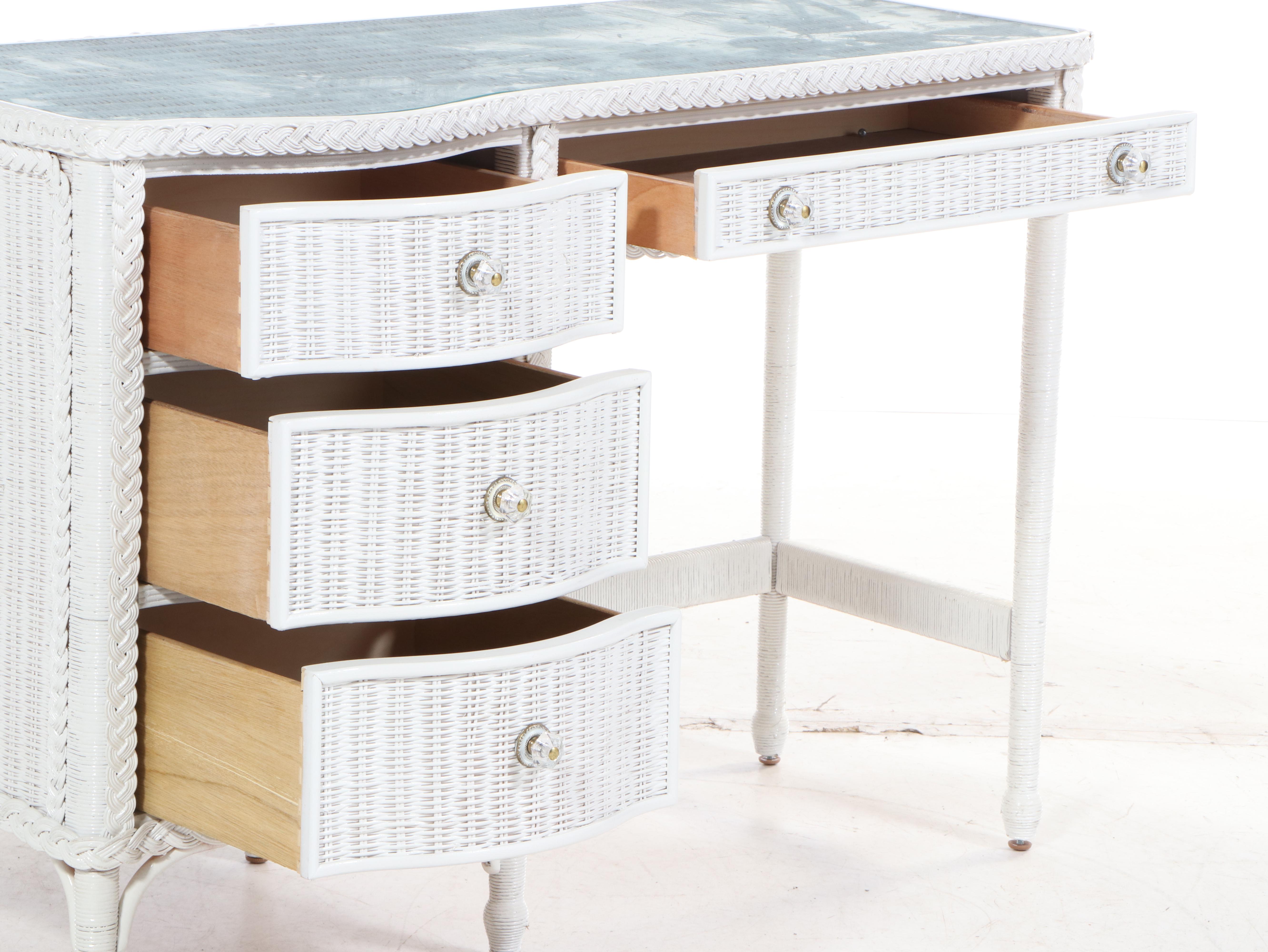 Henry Link for Lexington White Wicker Glass Top Vanity with Mirror, Chair, Other