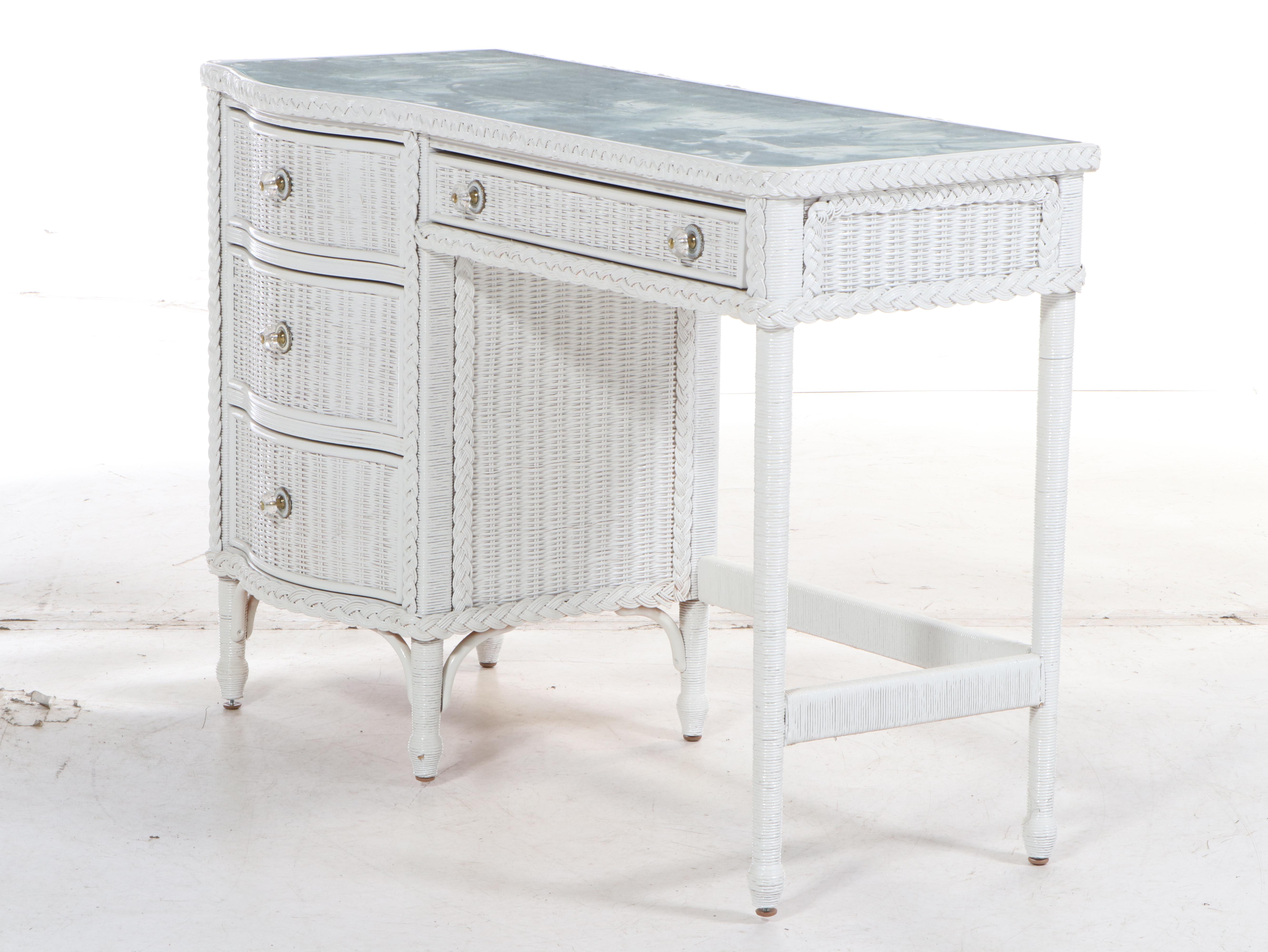 Henry Link for Lexington White Wicker Glass Top Vanity with Mirror, Chair, Other