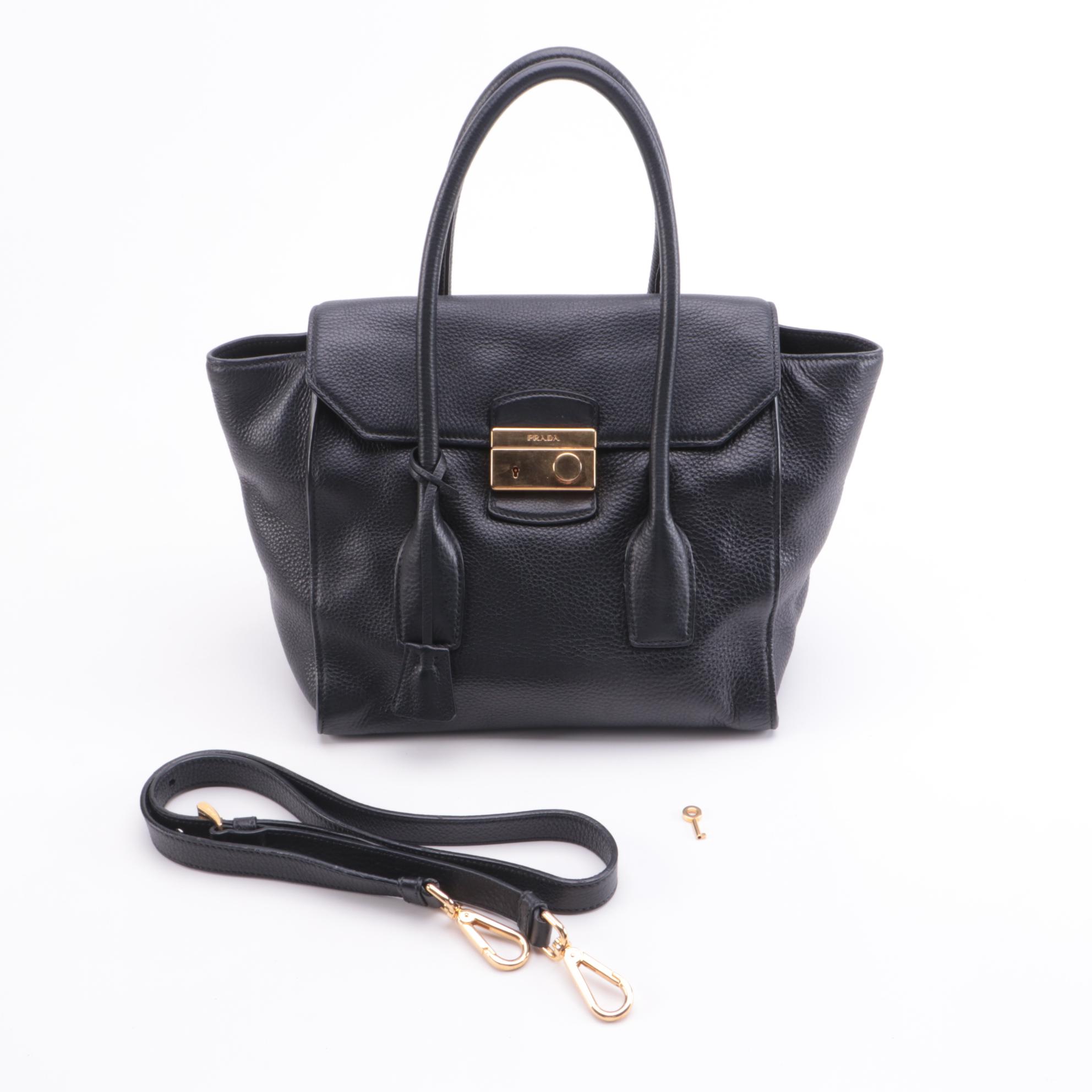 Prada Twin Pocket Flap Tote in Black Vitello Daino Leather