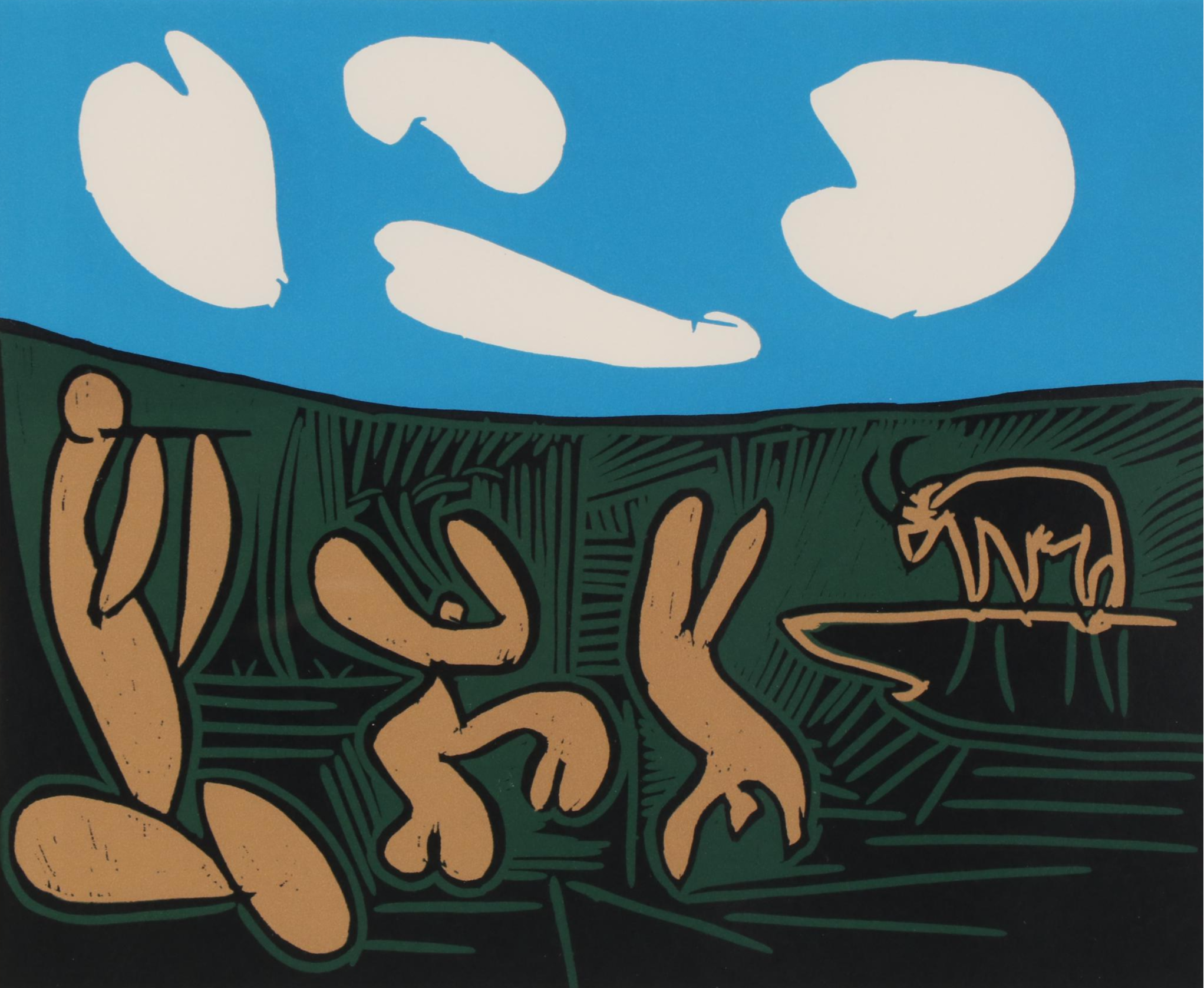 Pablo Picasso Linoleum Cut "Bacchanal with Four Clouds," 1962