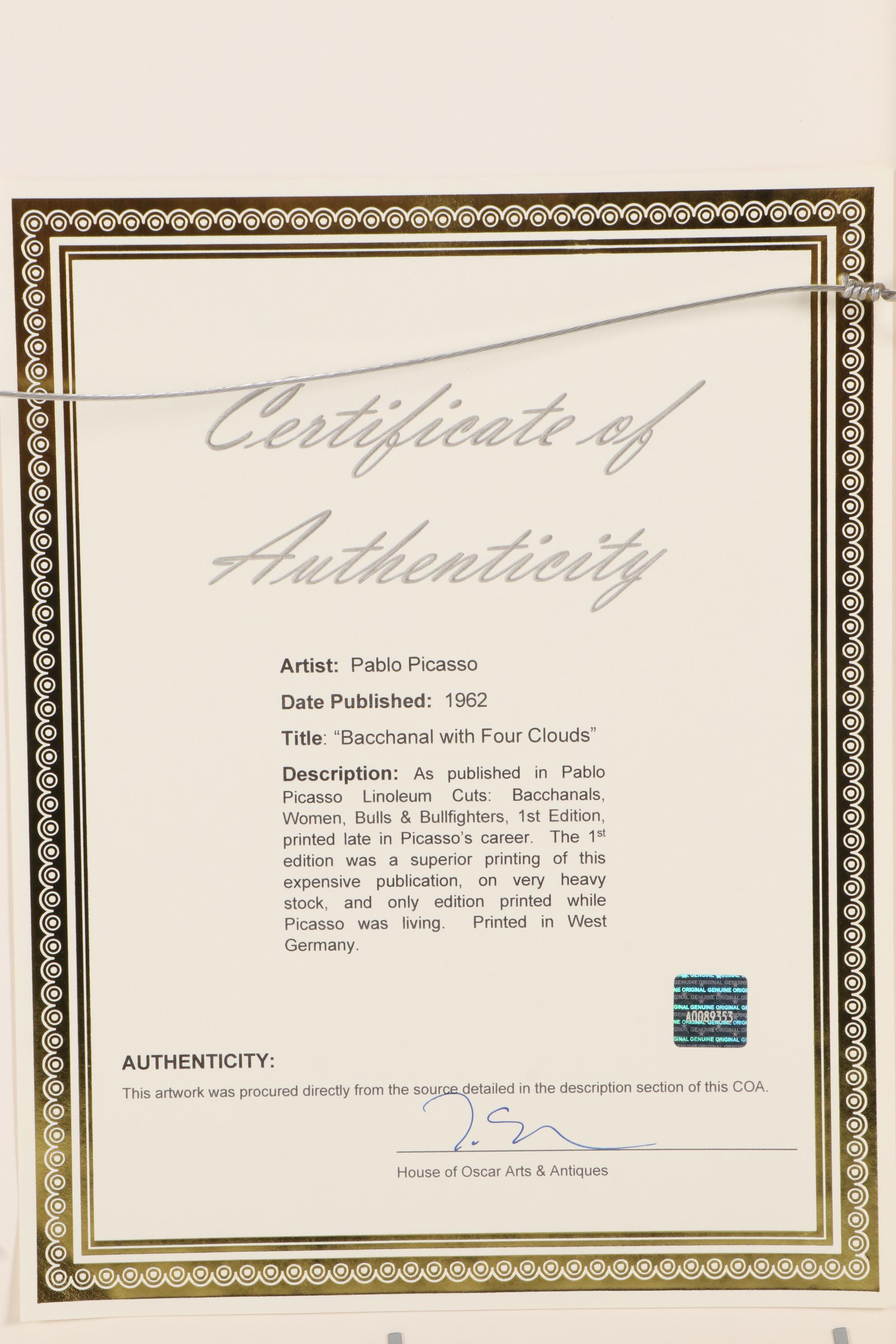 Pablo Picasso Linoleum Cut "Bacchanal with Four Clouds," 1962