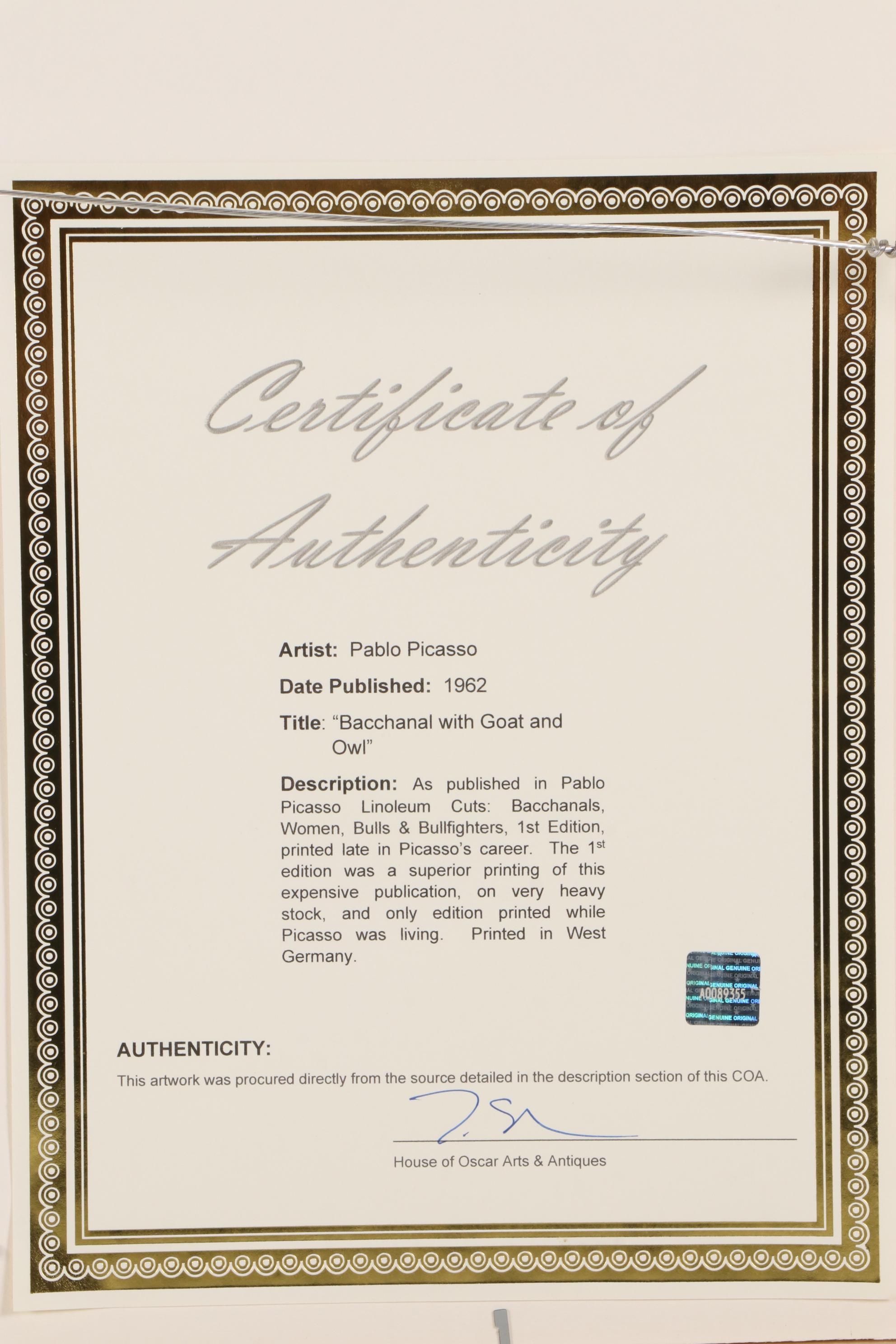 Pablo Picasso Linoleum Cut "Bacchanal with Goat and Owl," 1962