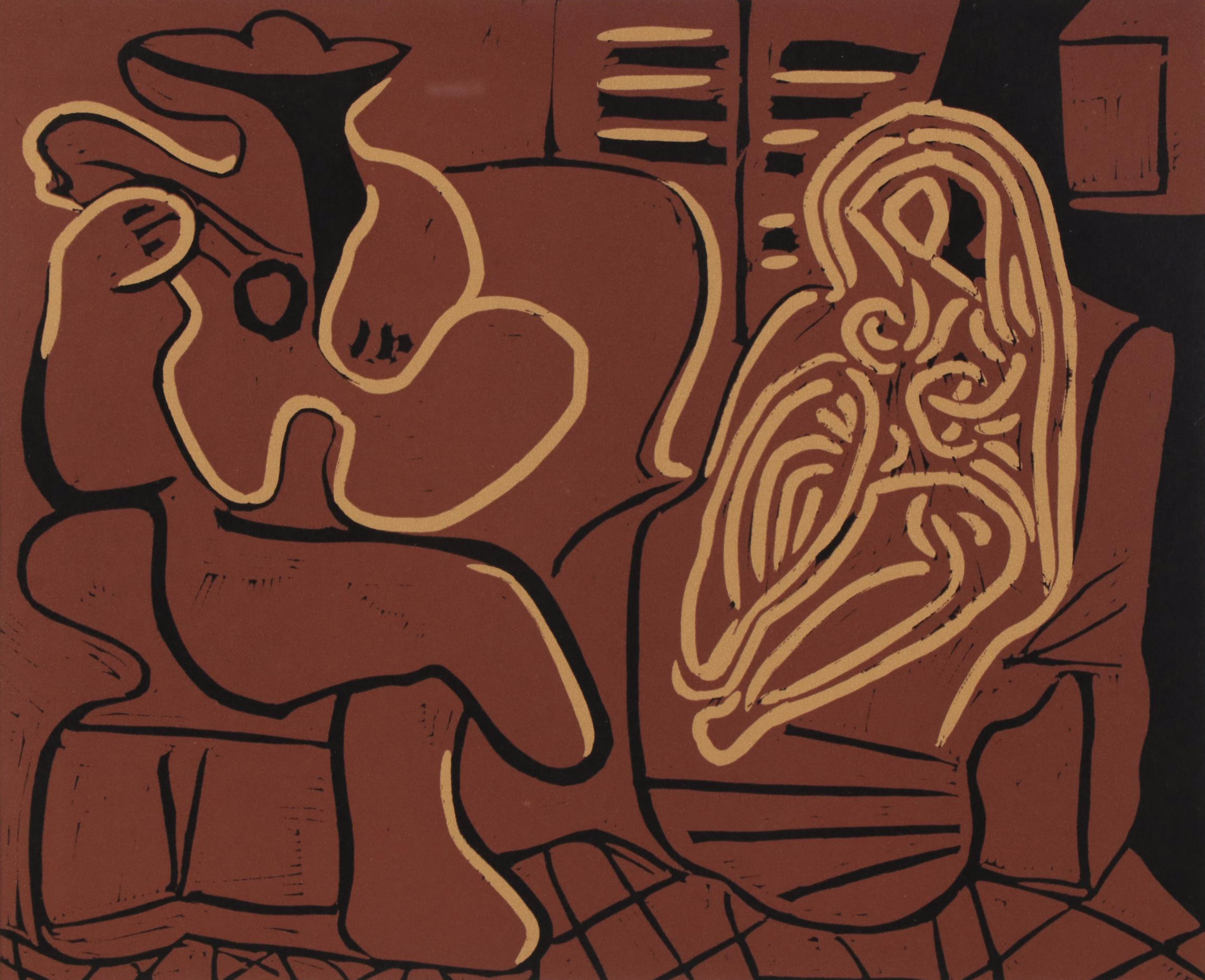 Pablo Picasso Linoleum Cut "Guitar Player and Seated Woman," 1962