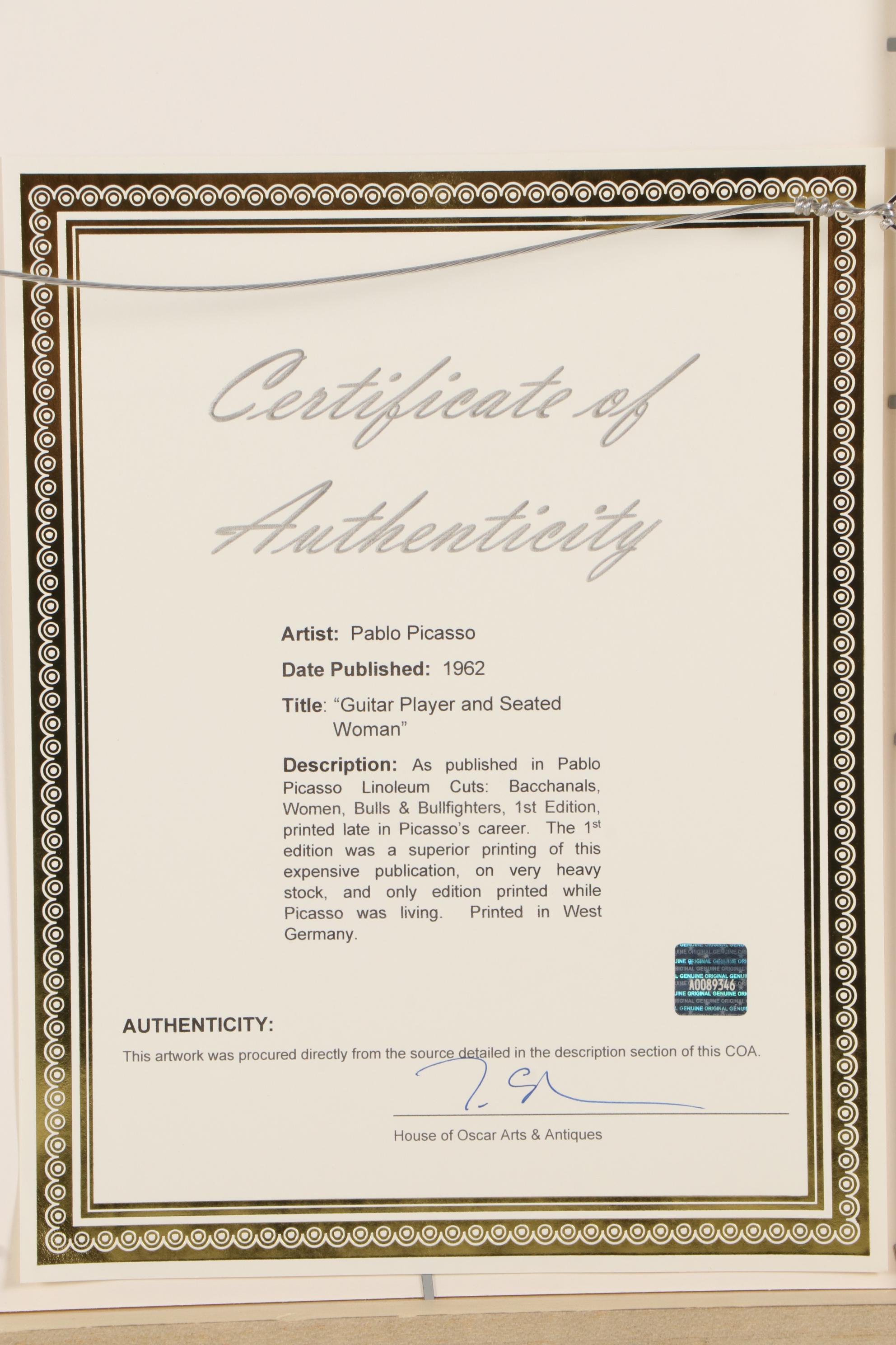 Pablo Picasso Linoleum Cut "Guitar Player and Seated Woman," 1962