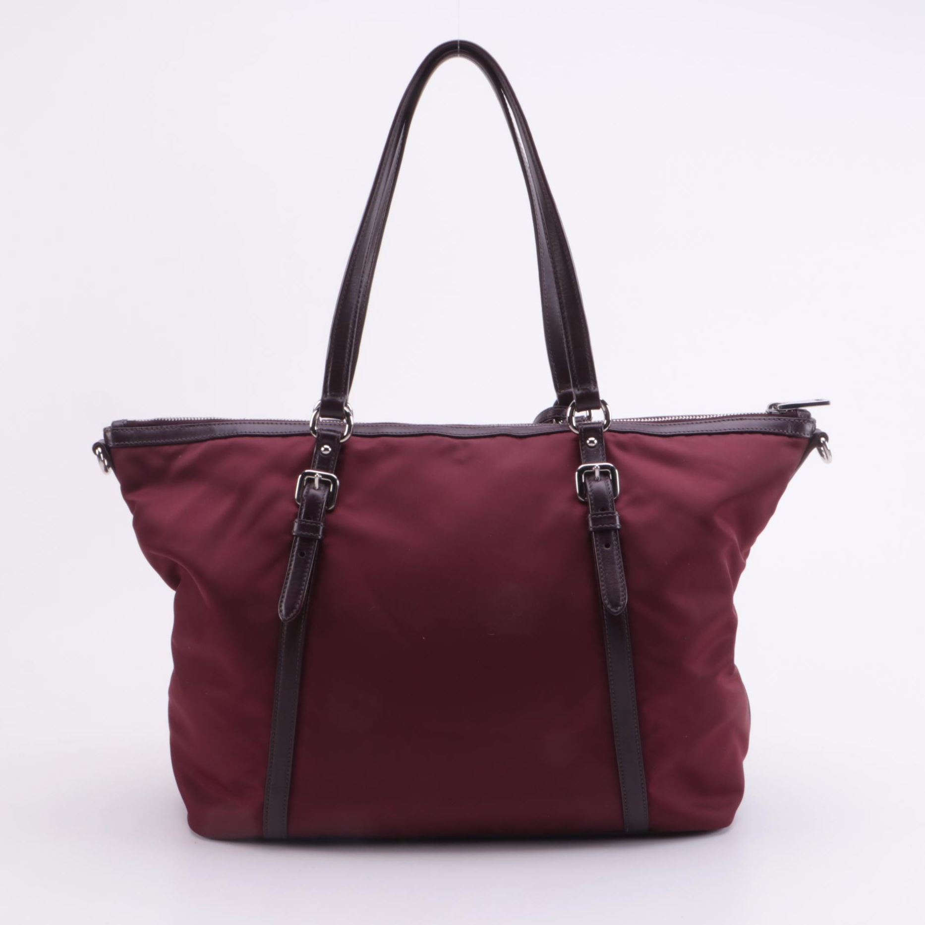 Prada Burgundy Tessuto and Leather Belted Zip Tote