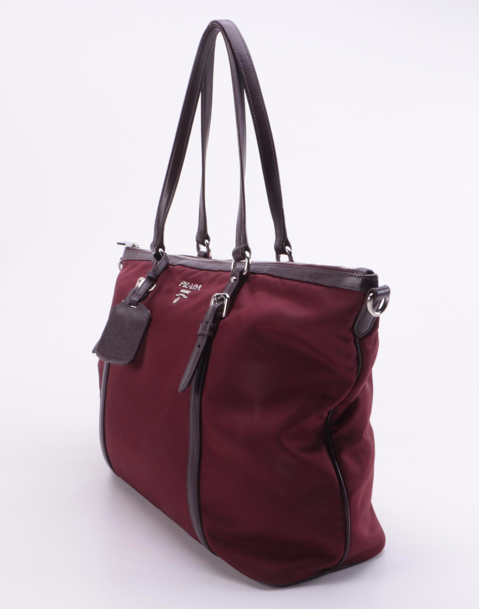 Prada Burgundy Tessuto and Leather Belted Zip Tote