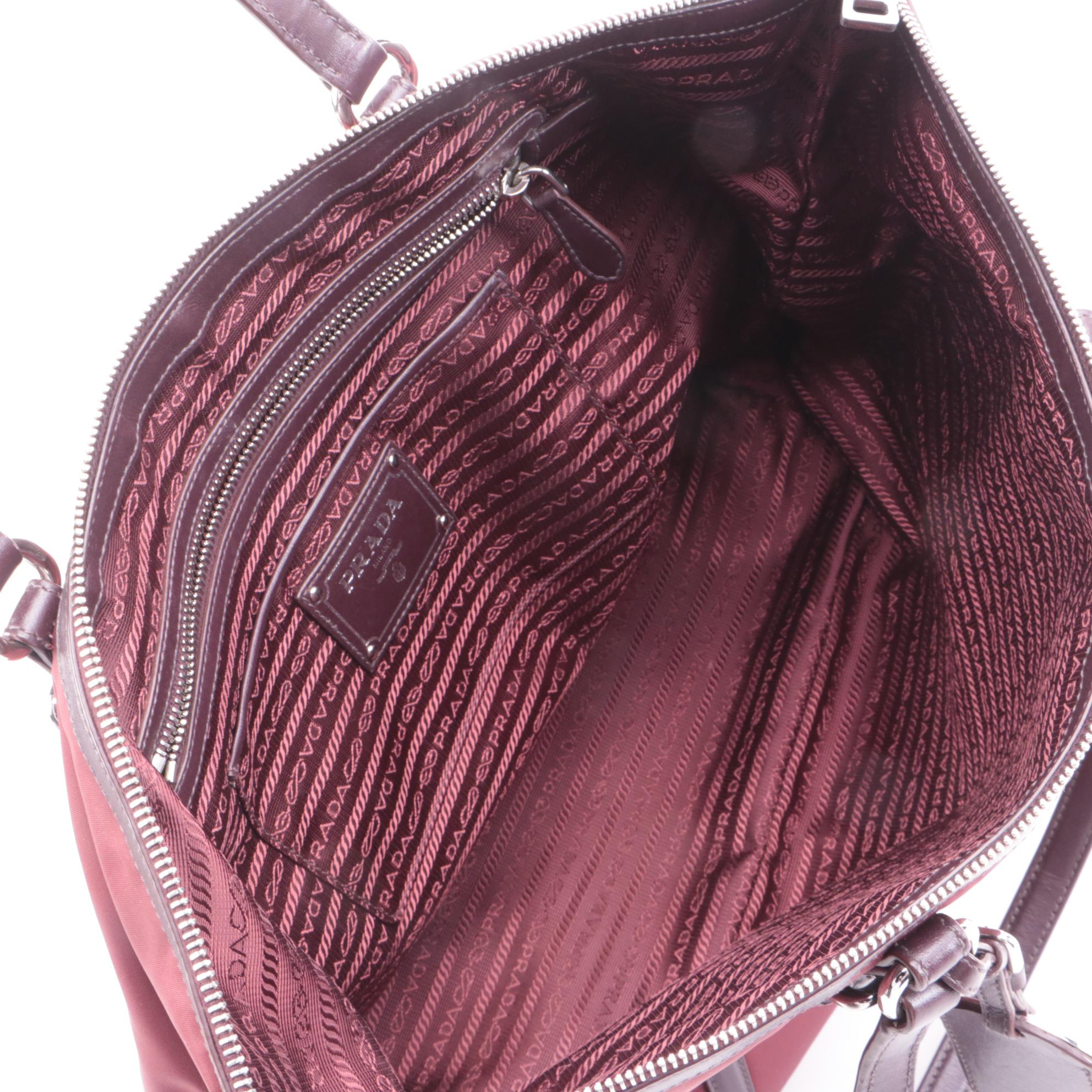 Prada Burgundy Tessuto and Leather Belted Zip Tote
