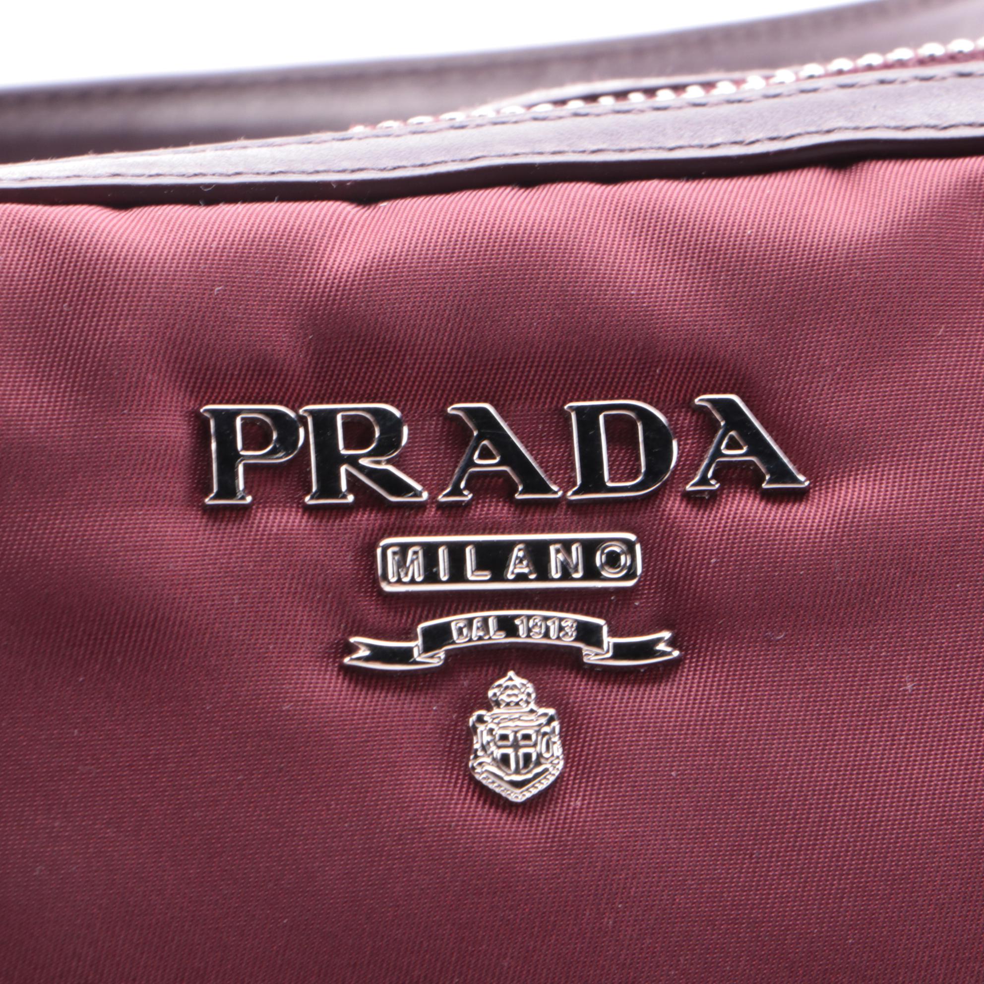 Prada Burgundy Tessuto and Leather Belted Zip Tote