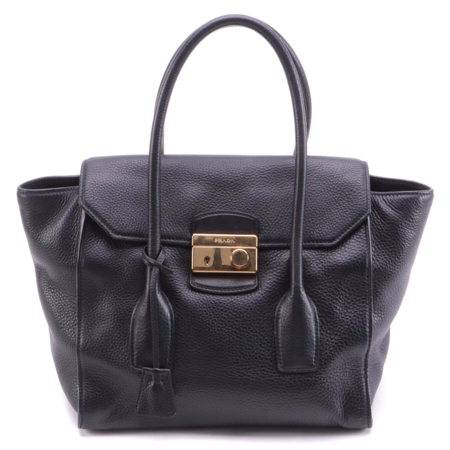 Prada Twin Pocket Flap Tote in Black Vitello Daino Leather