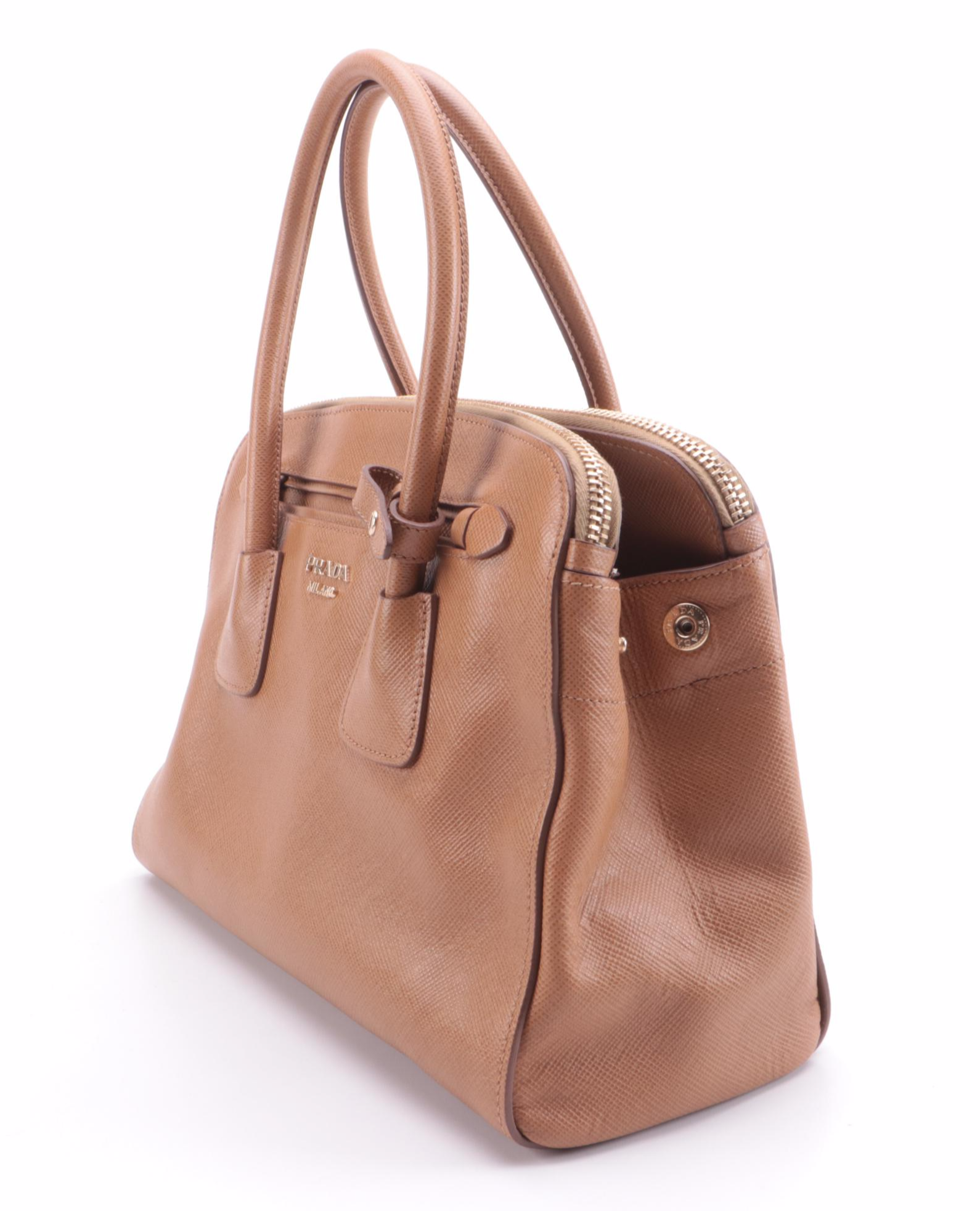 Prada Frame Convertible Tote in Light Brown Saffiano Leather