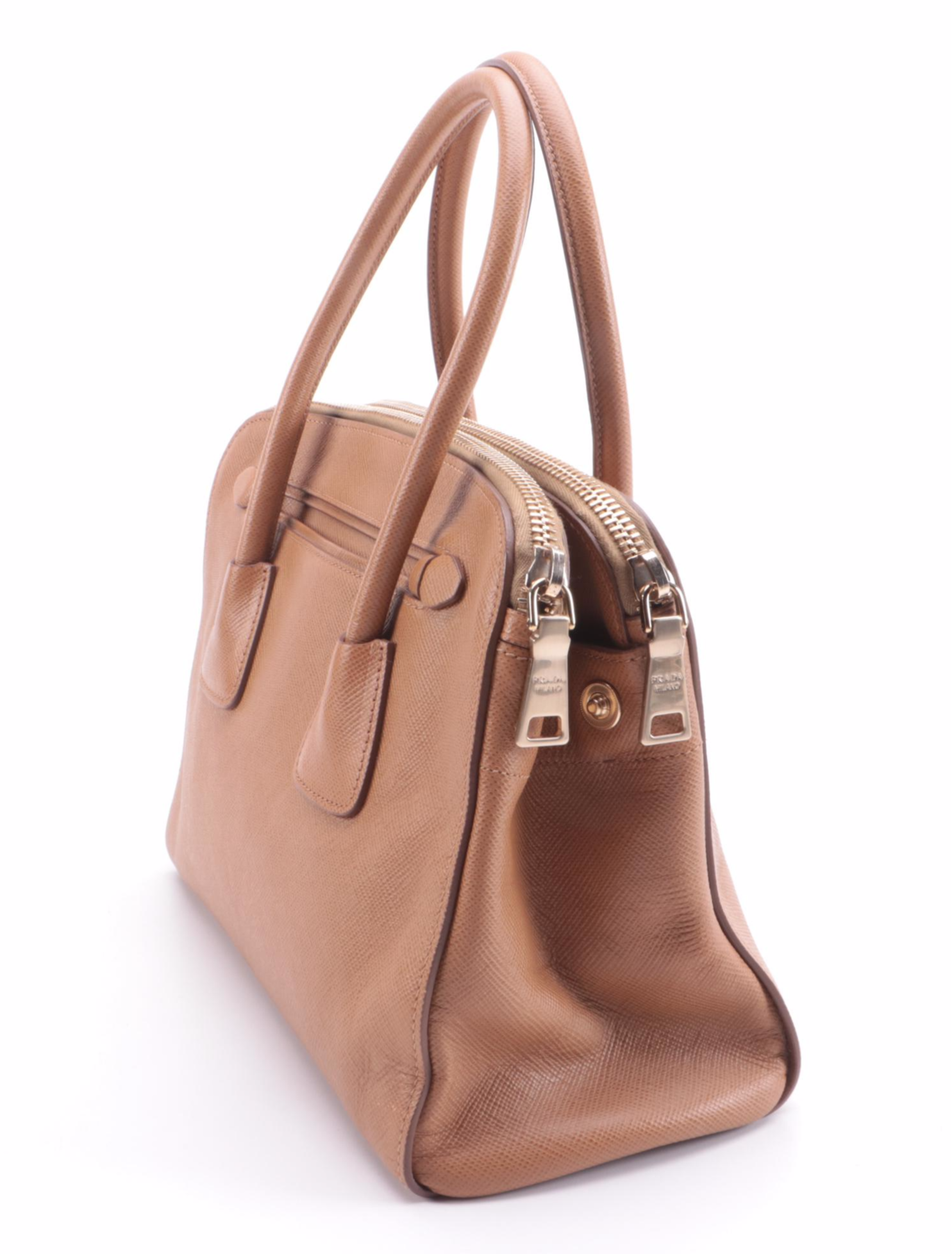 Prada Frame Convertible Tote in Light Brown Saffiano Leather