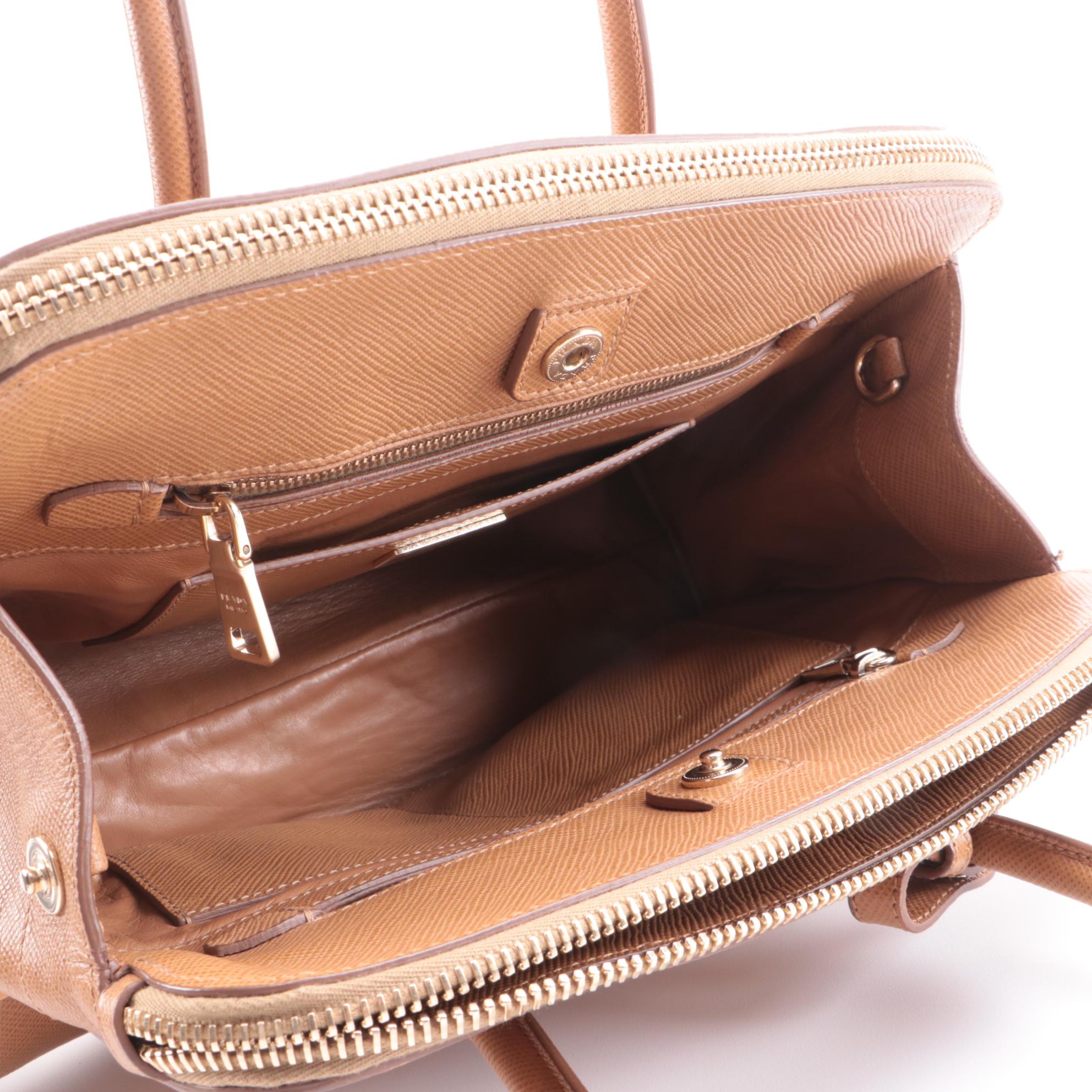 Prada Frame Convertible Tote in Light Brown Saffiano Leather