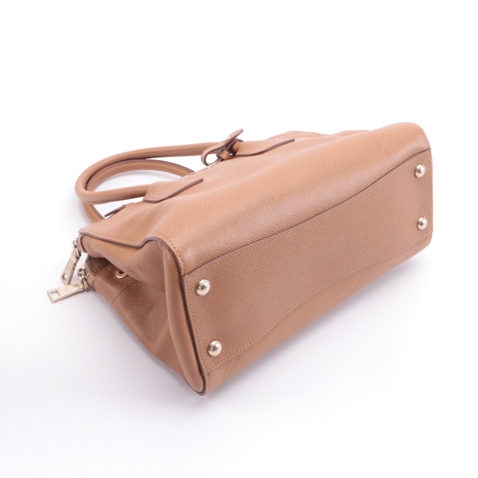 Prada Frame Convertible Tote in Light Brown Saffiano Leather