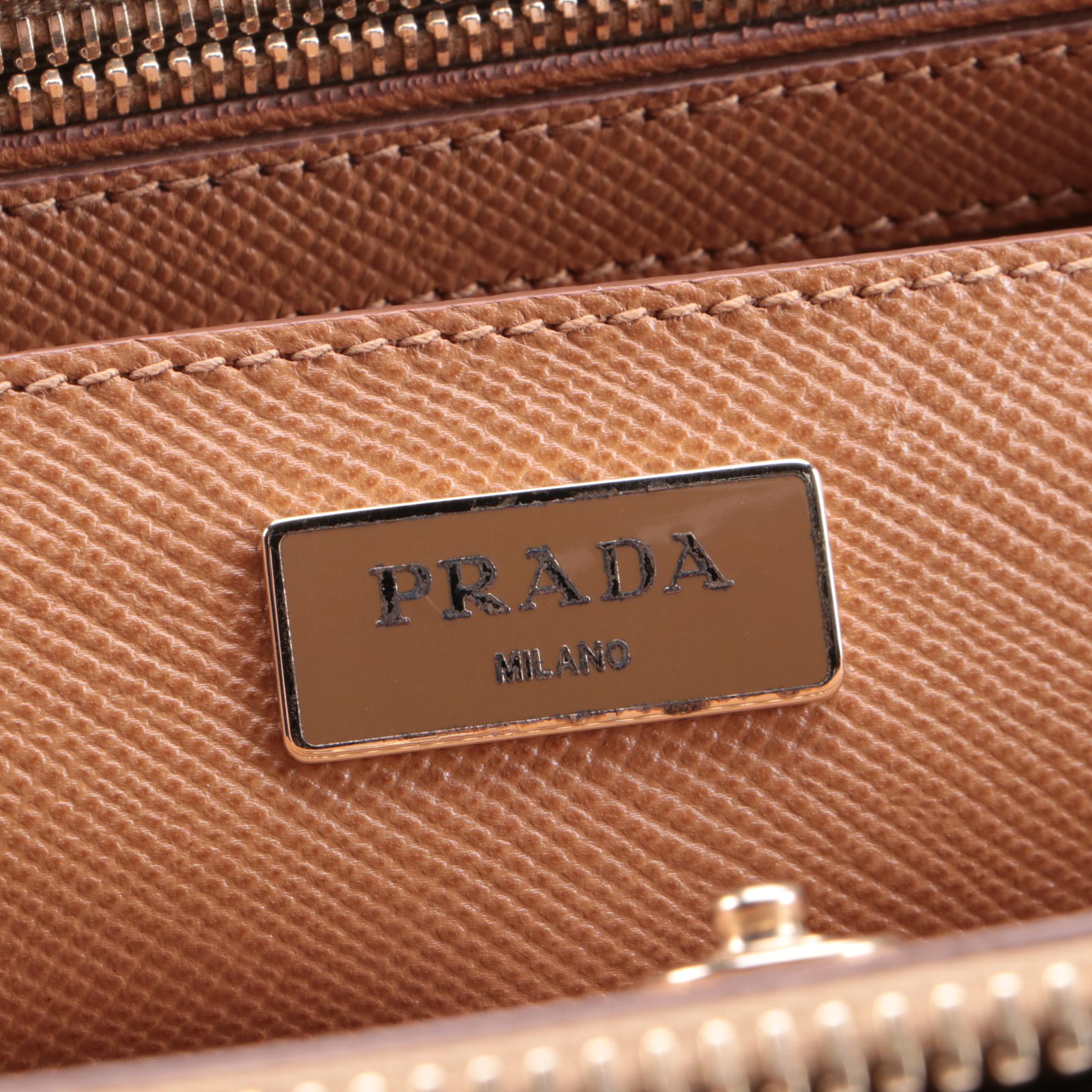 Prada Frame Convertible Tote in Light Brown Saffiano Leather