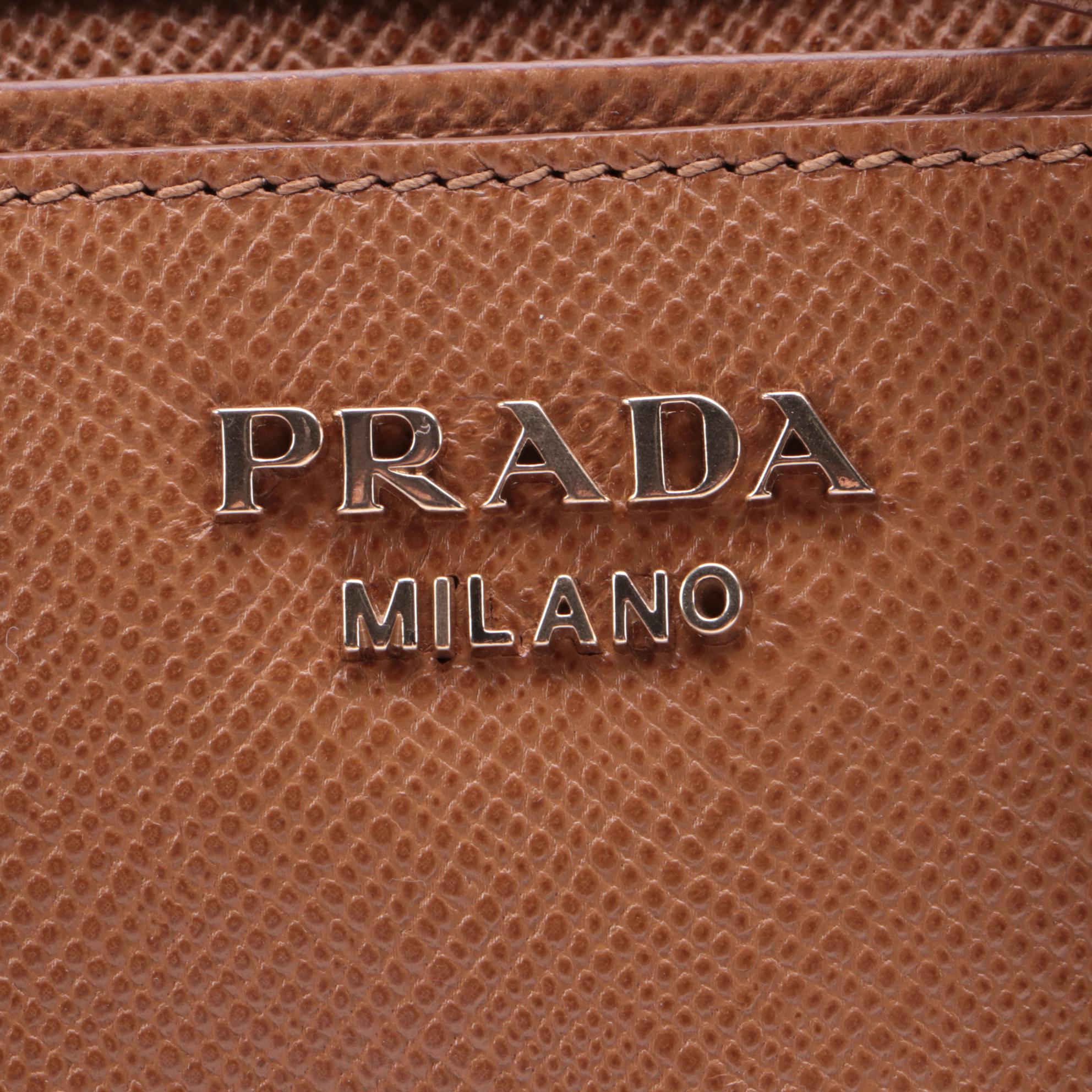 Prada Frame Convertible Tote in Light Brown Saffiano Leather