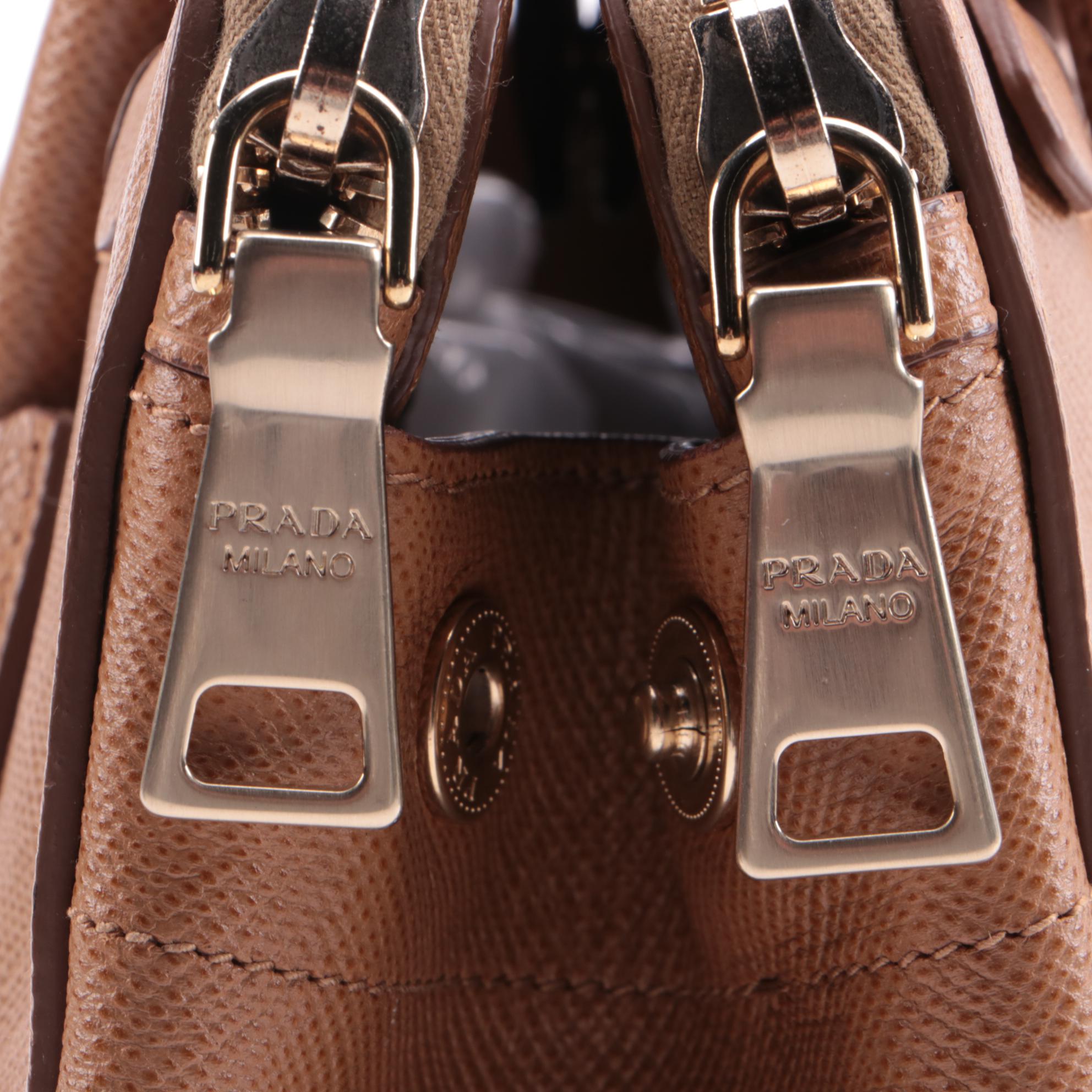 Prada Frame Convertible Tote in Light Brown Saffiano Leather
