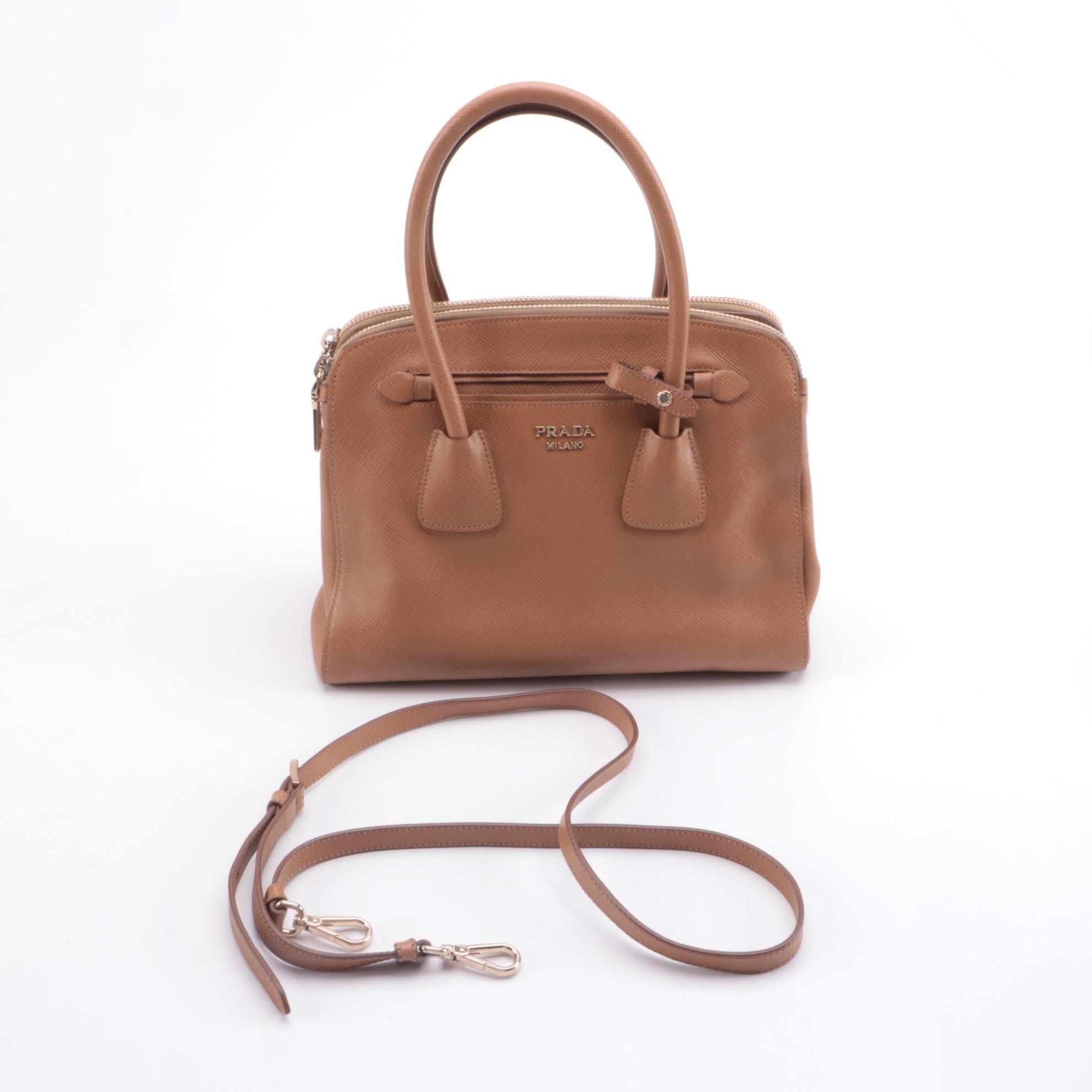 Prada Frame Convertible Tote in Light Brown Saffiano Leather