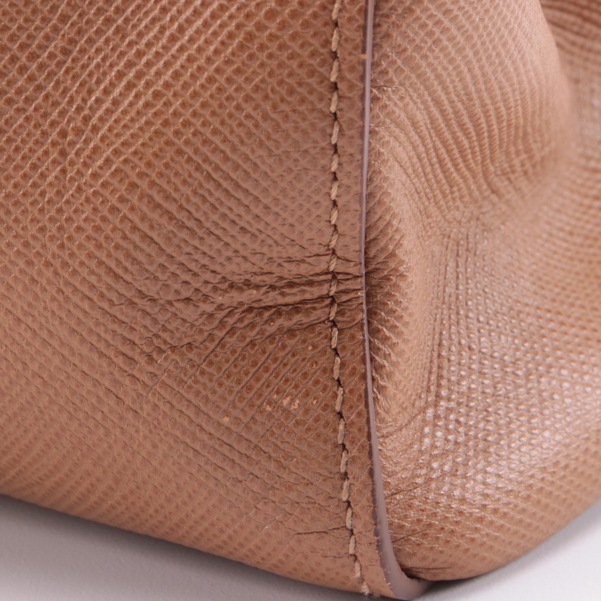 Prada Frame Convertible Tote in Light Brown Saffiano Leather