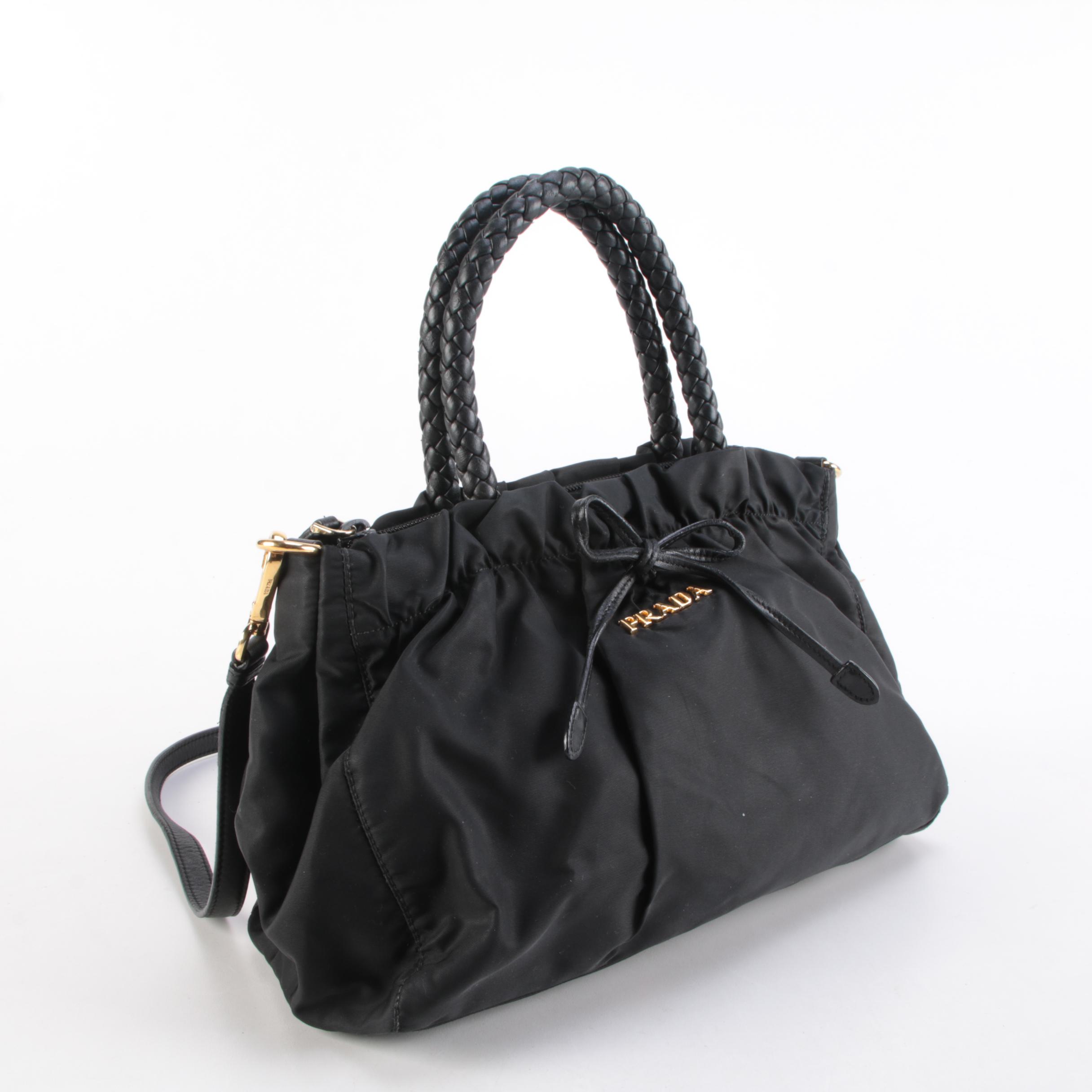 Prada Tessuto Satchel in Black Nylon with Woven Leather Handles