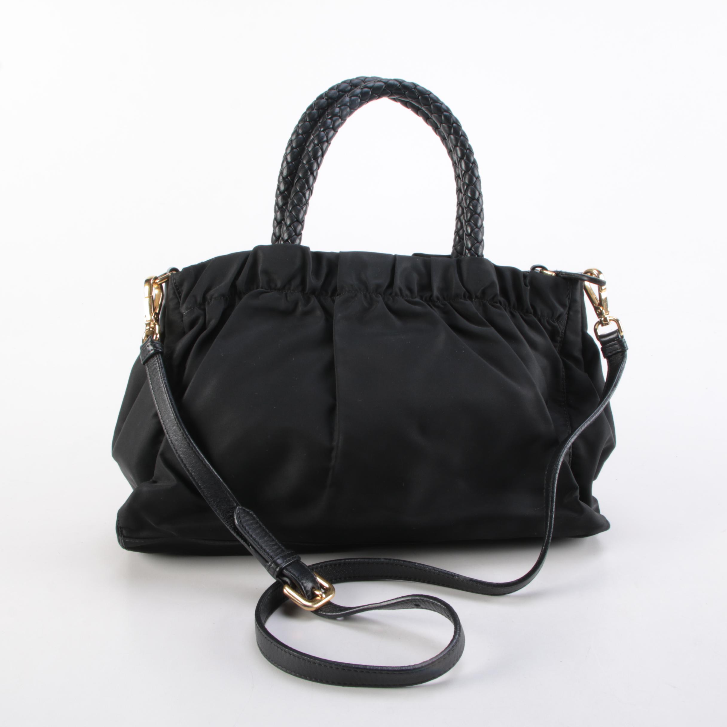 Prada Tessuto Satchel in Black Nylon with Woven Leather Handles