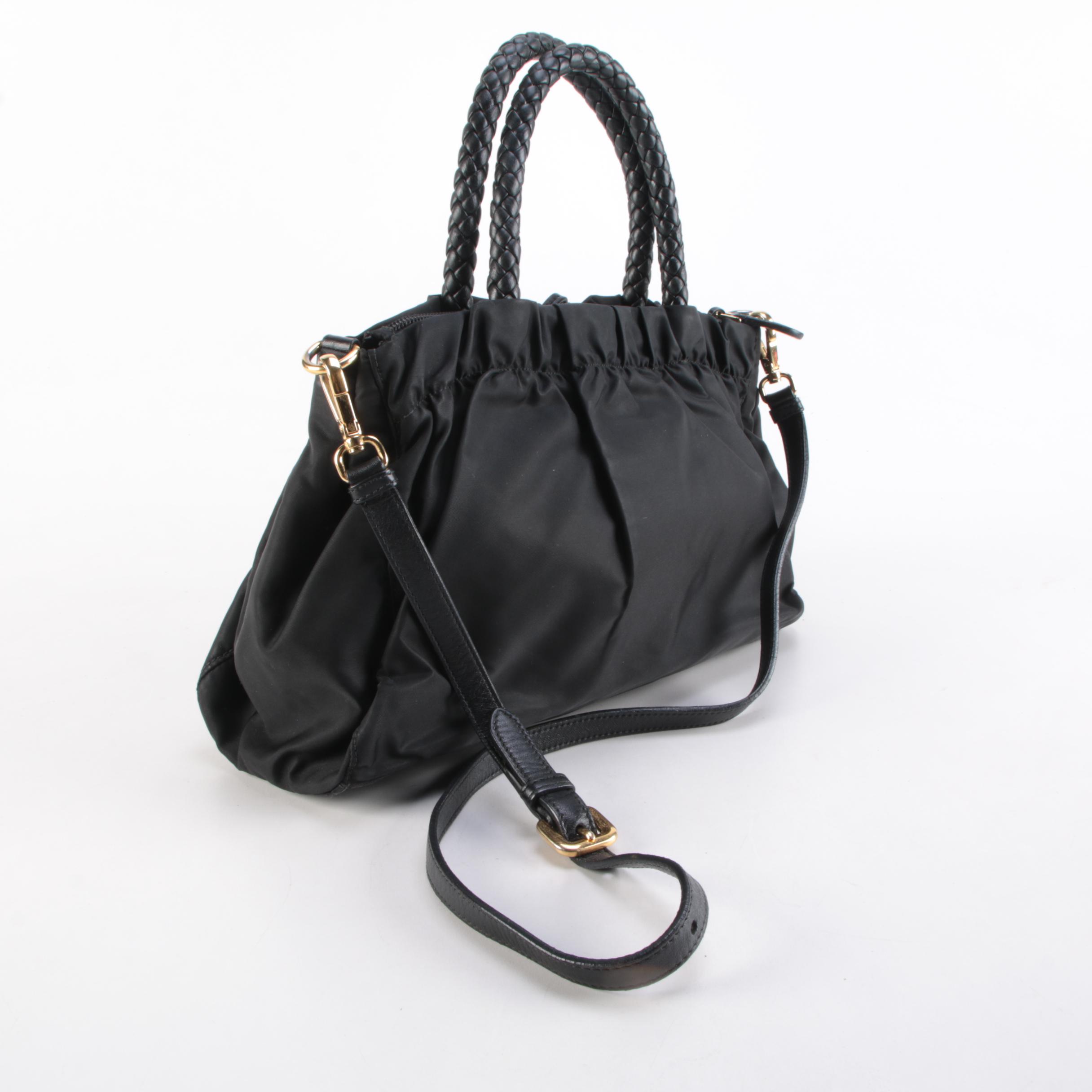 Prada Tessuto Satchel in Black Nylon with Woven Leather Handles