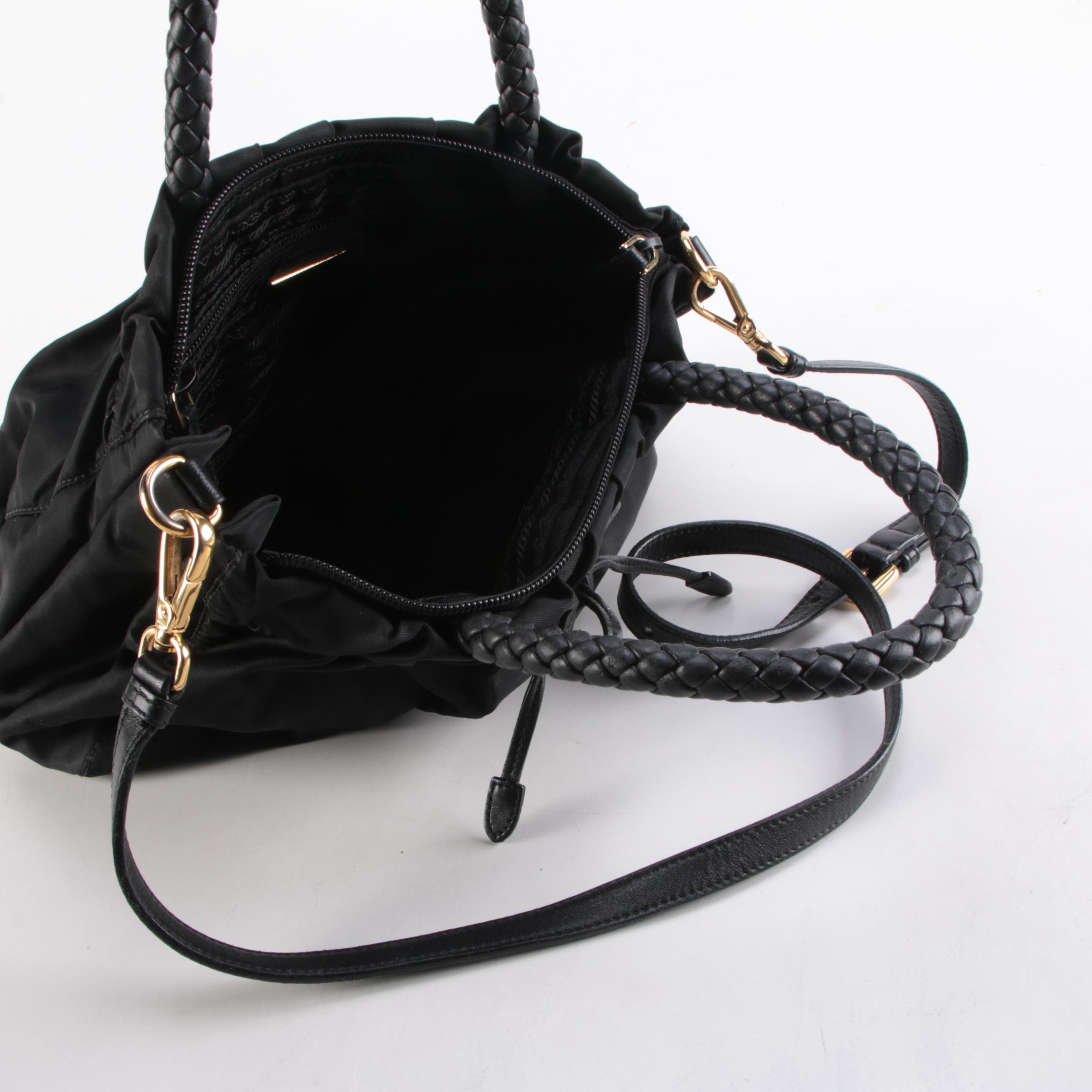 Prada Tessuto Satchel in Black Nylon with Woven Leather Handles