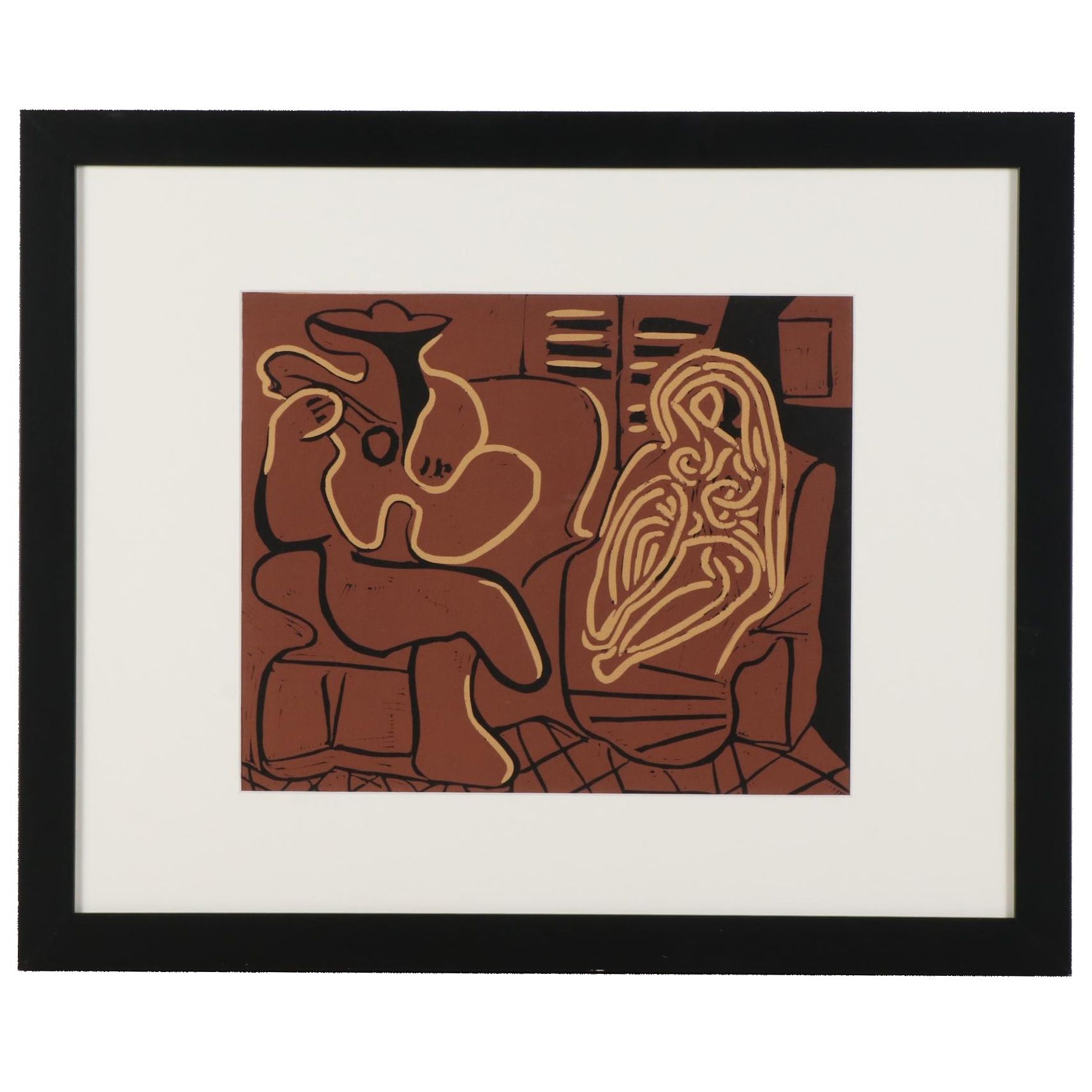 Pablo Picasso Linoleum Cut "Guitar Player and Seated Woman," 1962
