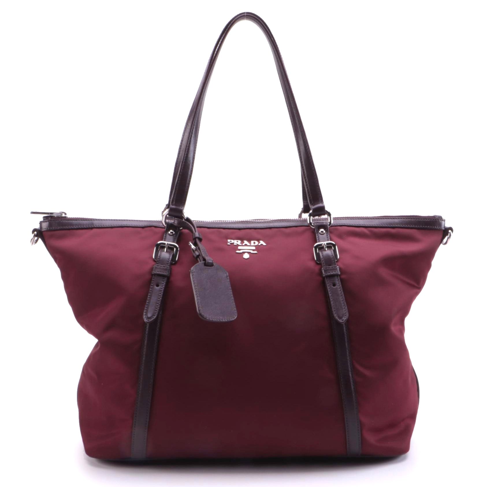 Prada Burgundy Tessuto and Leather Belted Zip Tote