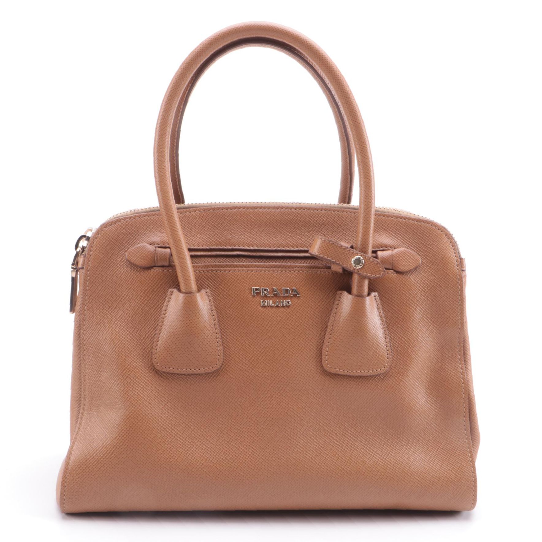 Prada Frame Convertible Tote in Light Brown Saffiano Leather