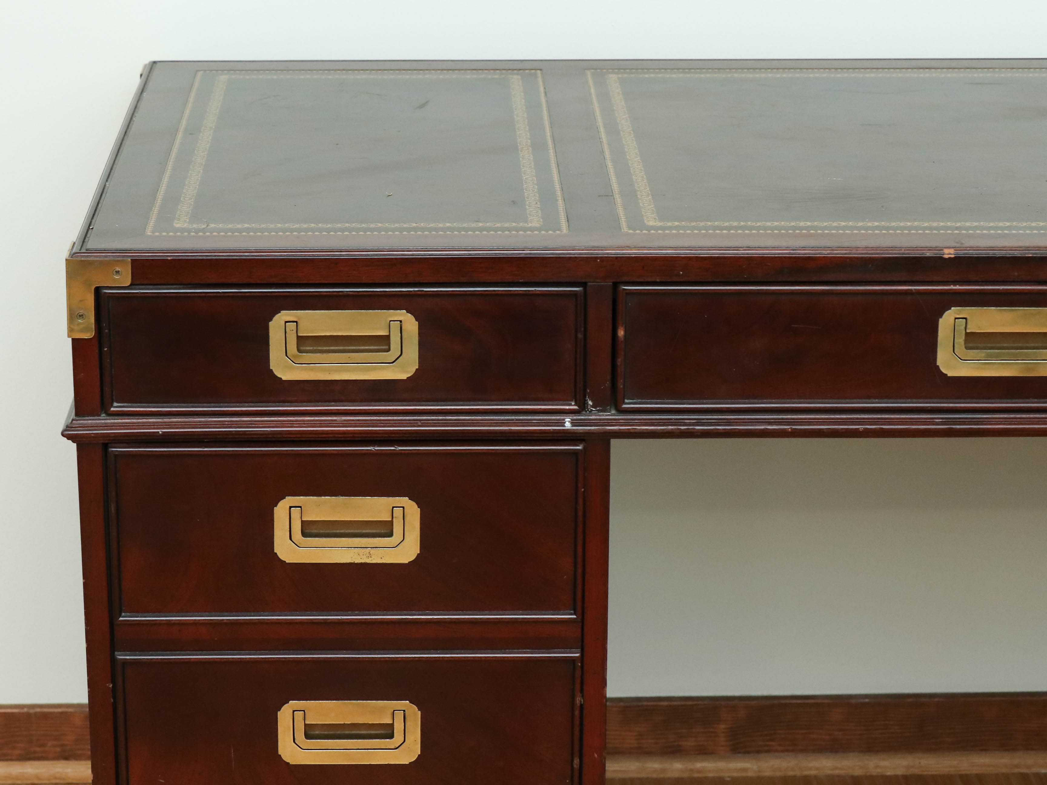 Sligh Campaign Style Mahogany-Stained and Leather Top Executive Desk