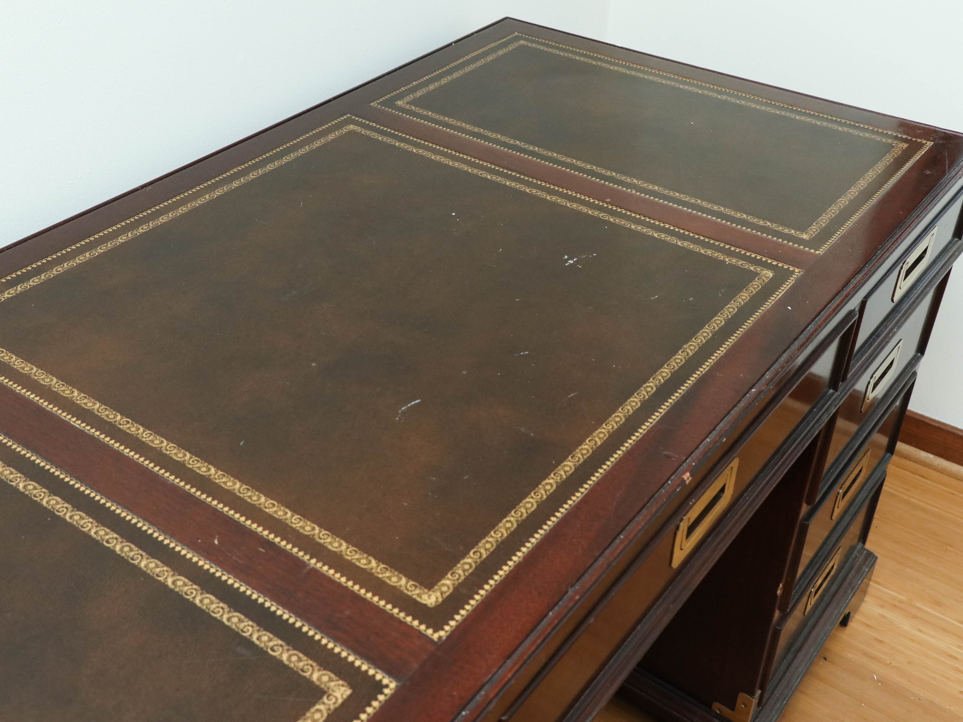 Sligh Campaign Style Mahogany-Stained and Leather Top Executive Desk