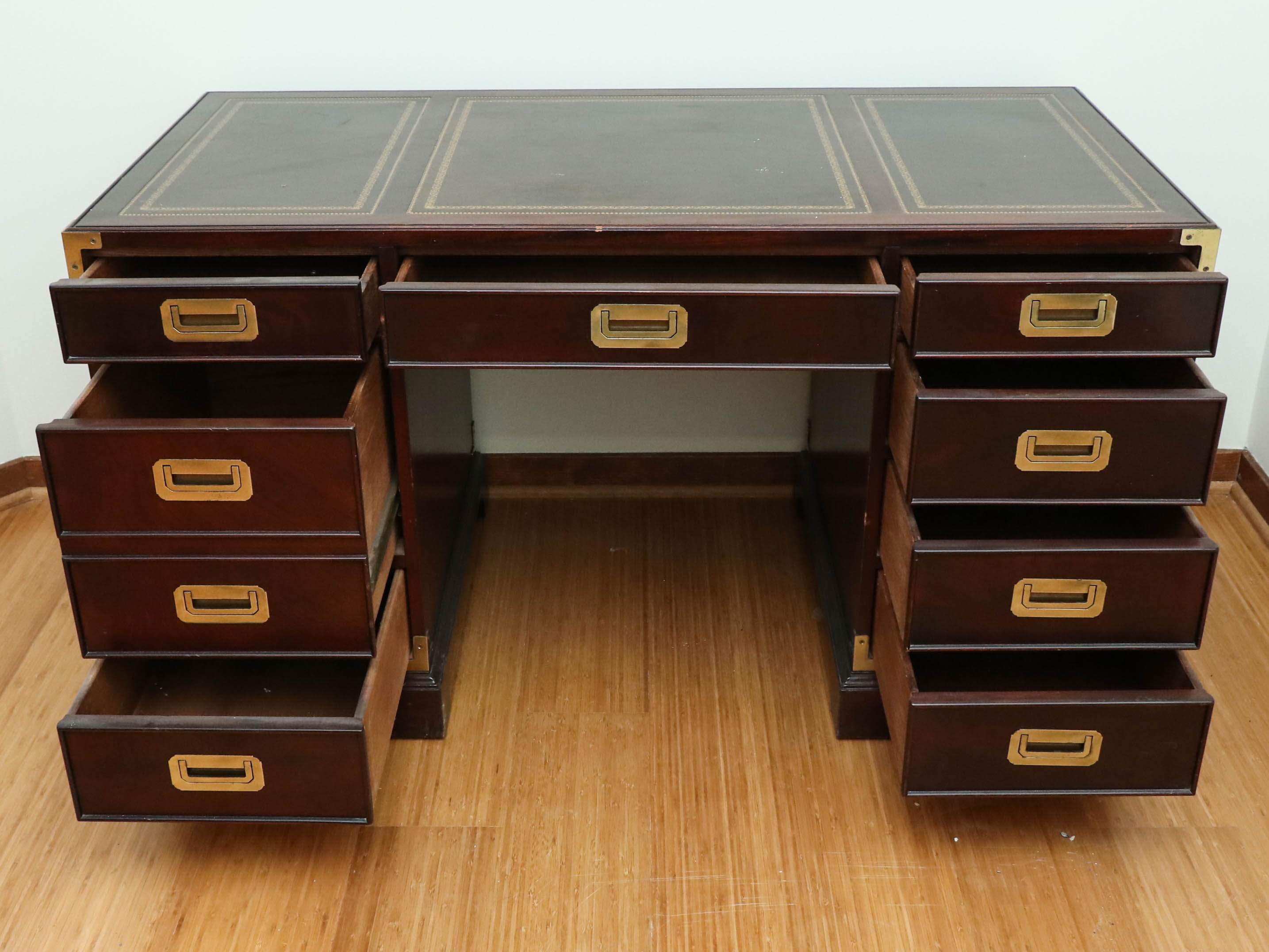 Sligh Campaign Style Mahogany-Stained and Leather Top Executive Desk