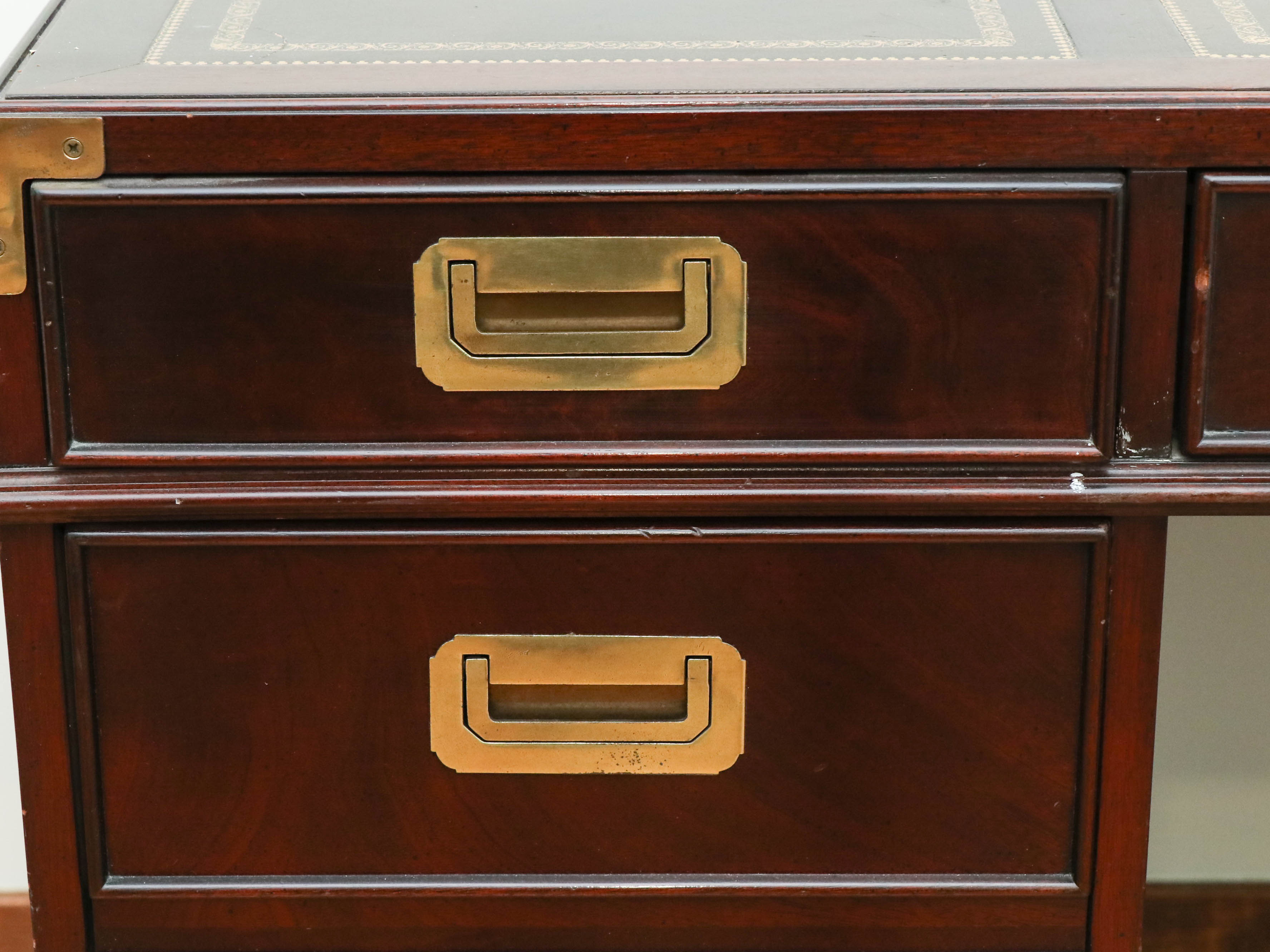 Sligh Campaign Style Mahogany-Stained and Leather Top Executive Desk