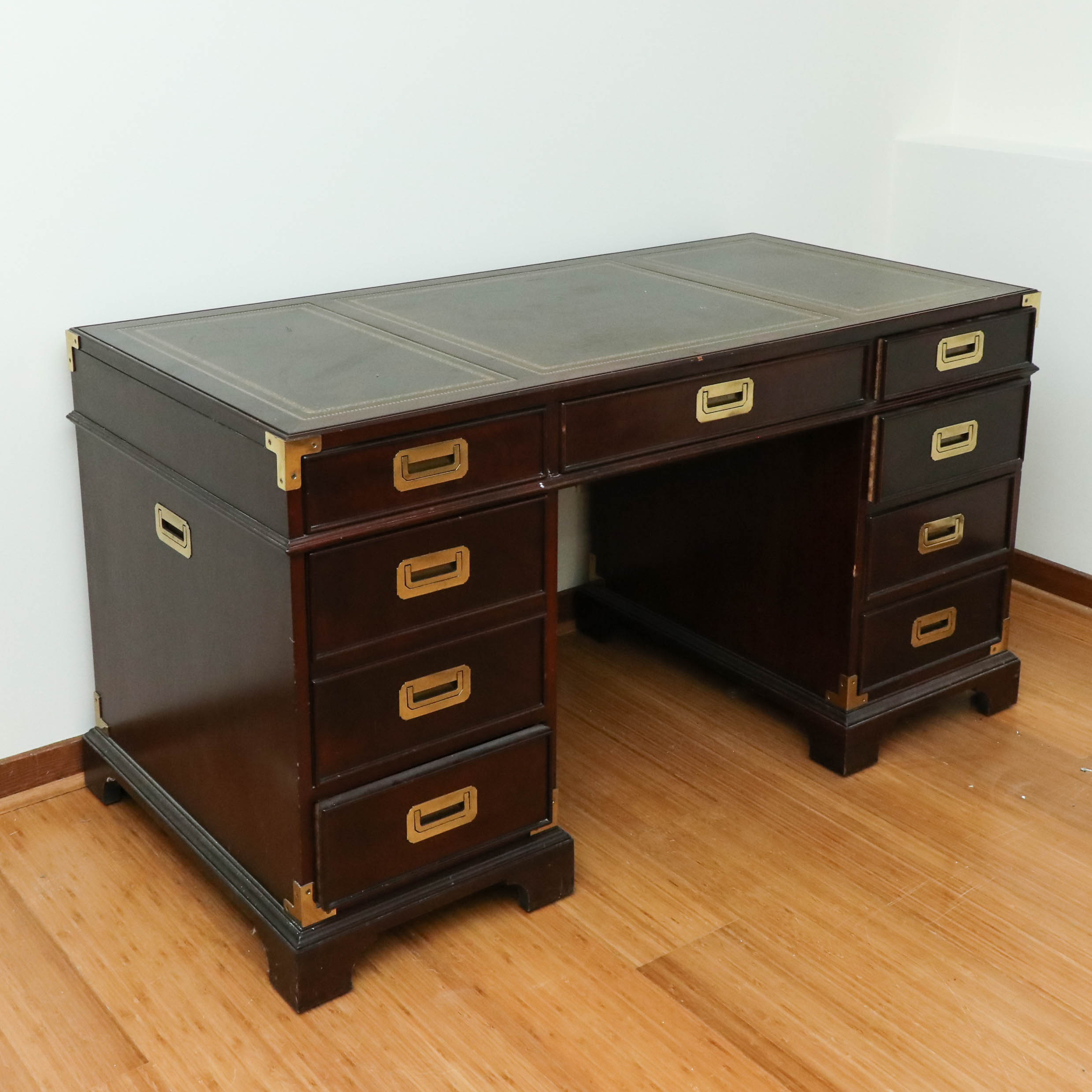 Sligh Campaign Style Mahogany-Stained and Leather Top Executive Desk