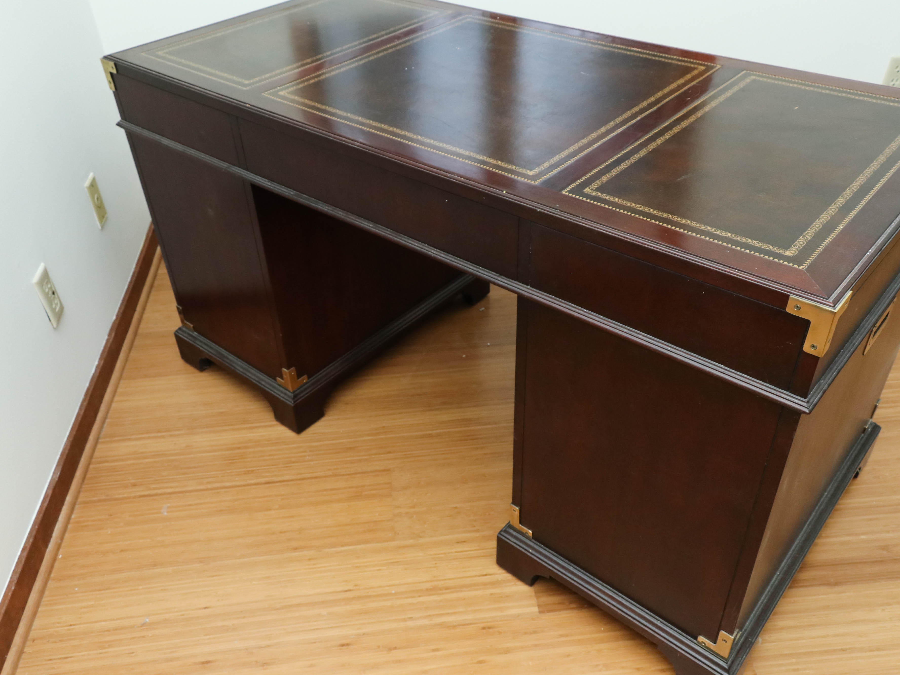 Sligh Campaign Style Mahogany-Stained and Leather Top Executive Desk