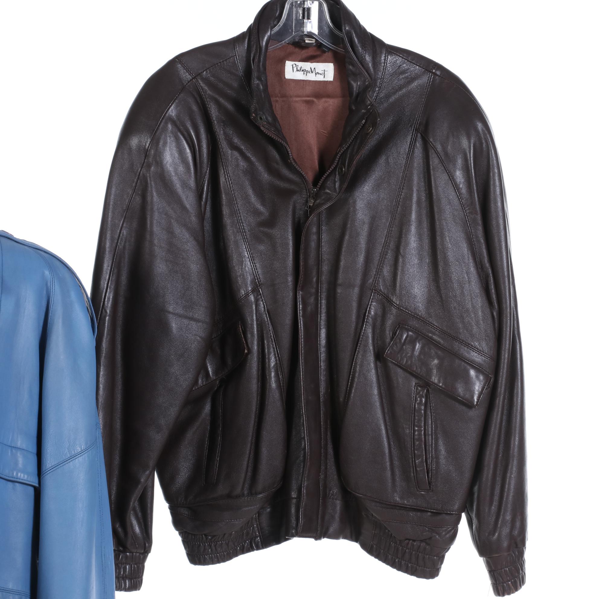 Two Philippe Monet Blue Leather Jackets in Blue and Brown