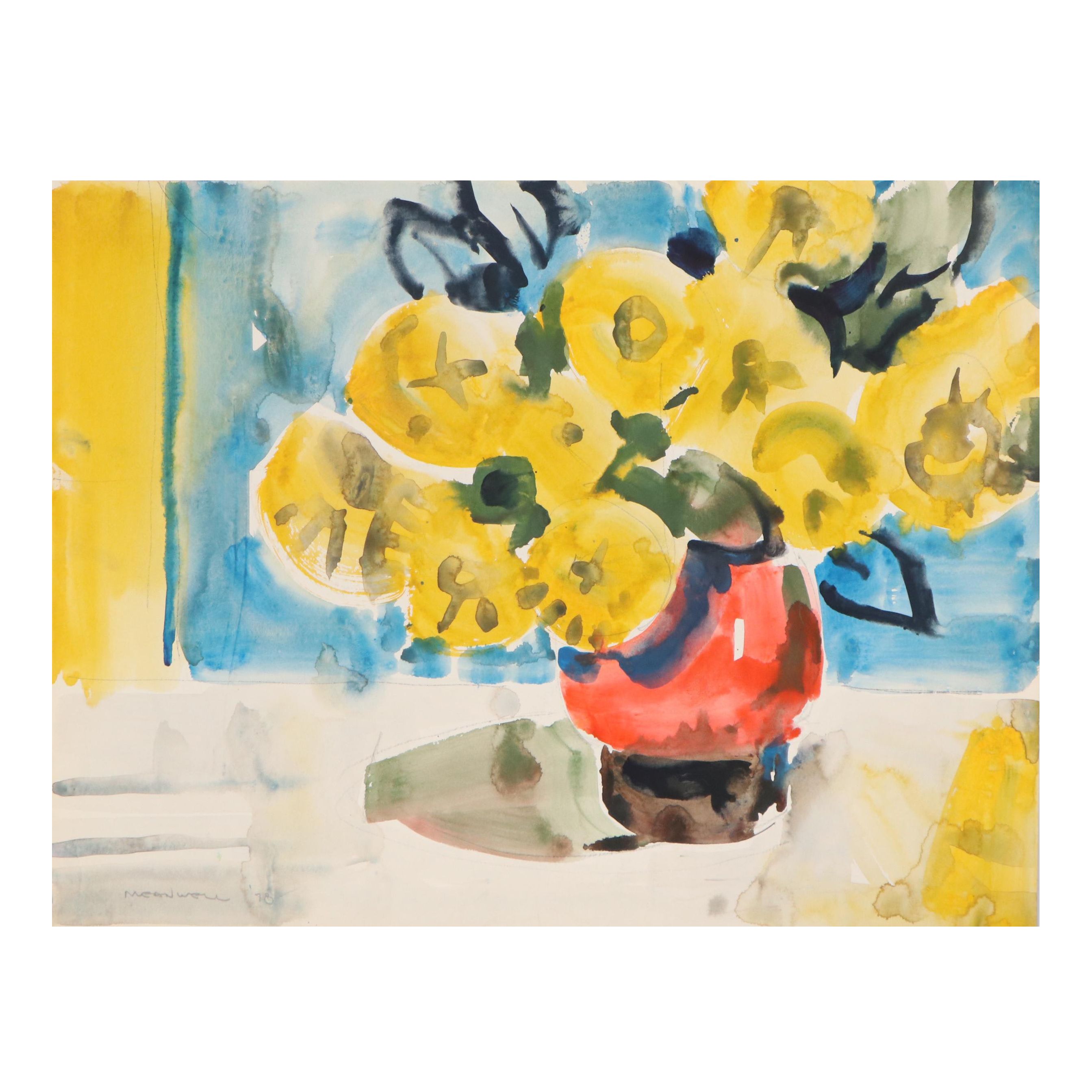 Jack Meanwell Still Life Watercolor Painting of Marigolds, 1978