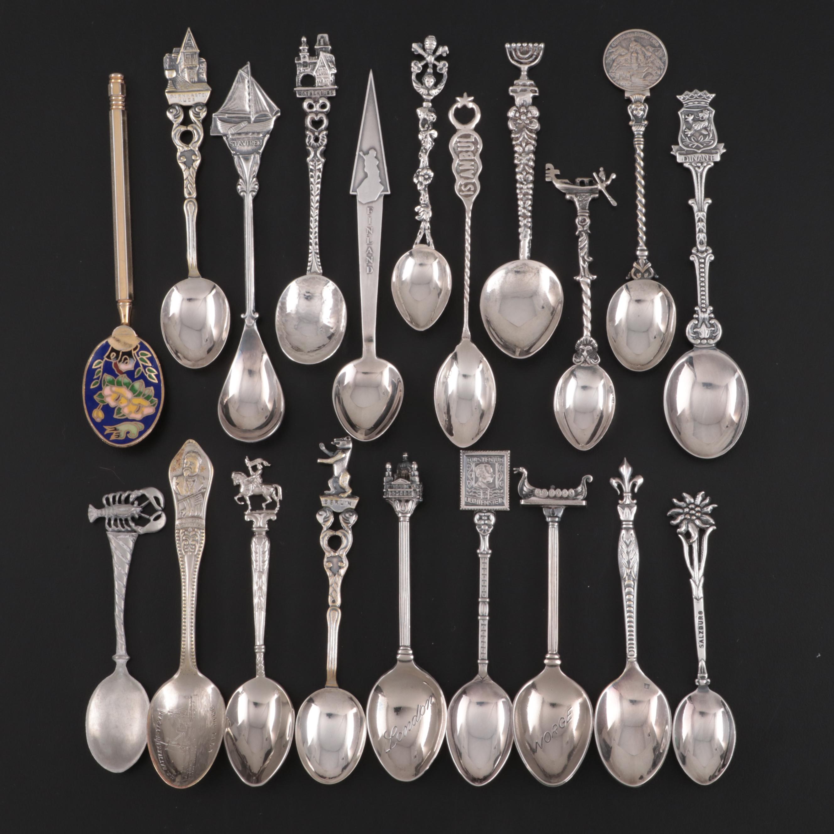 Souvenir Spoons Including Italian 800 Silver, French Silver Plate, and Others