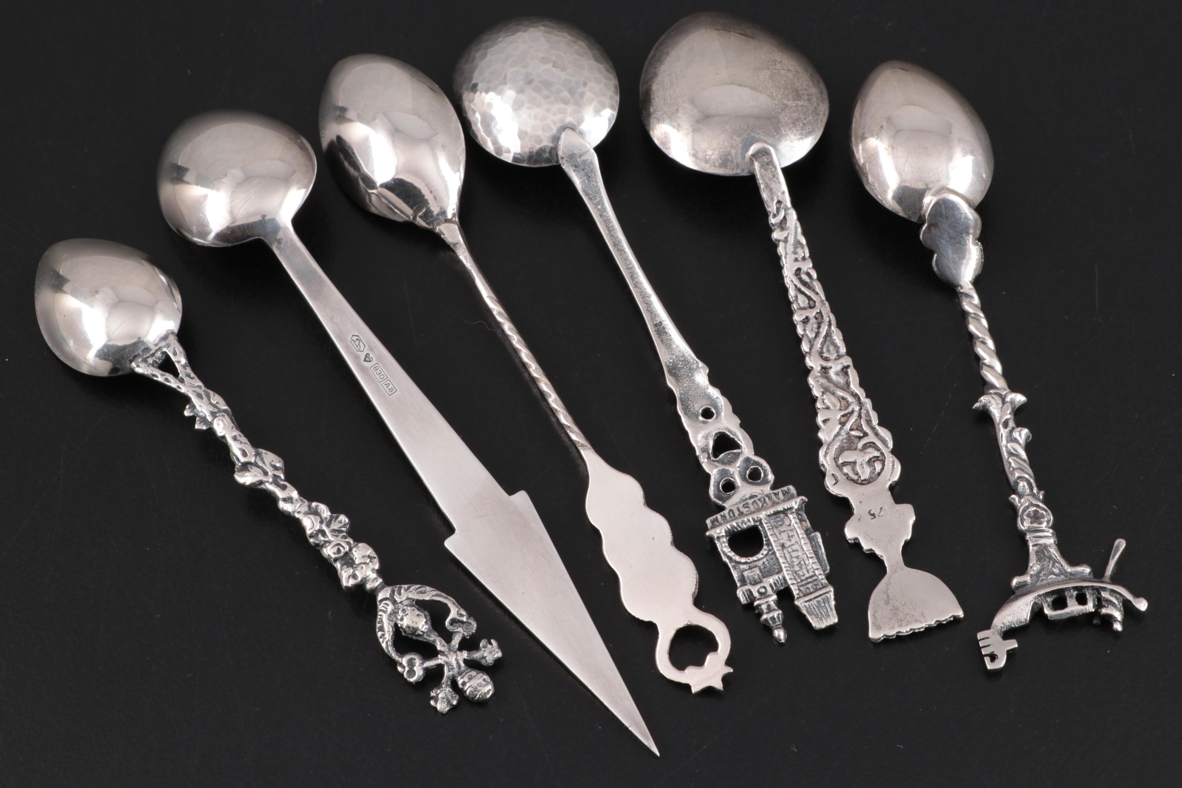 Souvenir Spoons Including Italian 800 Silver, French Silver Plate, and Others
