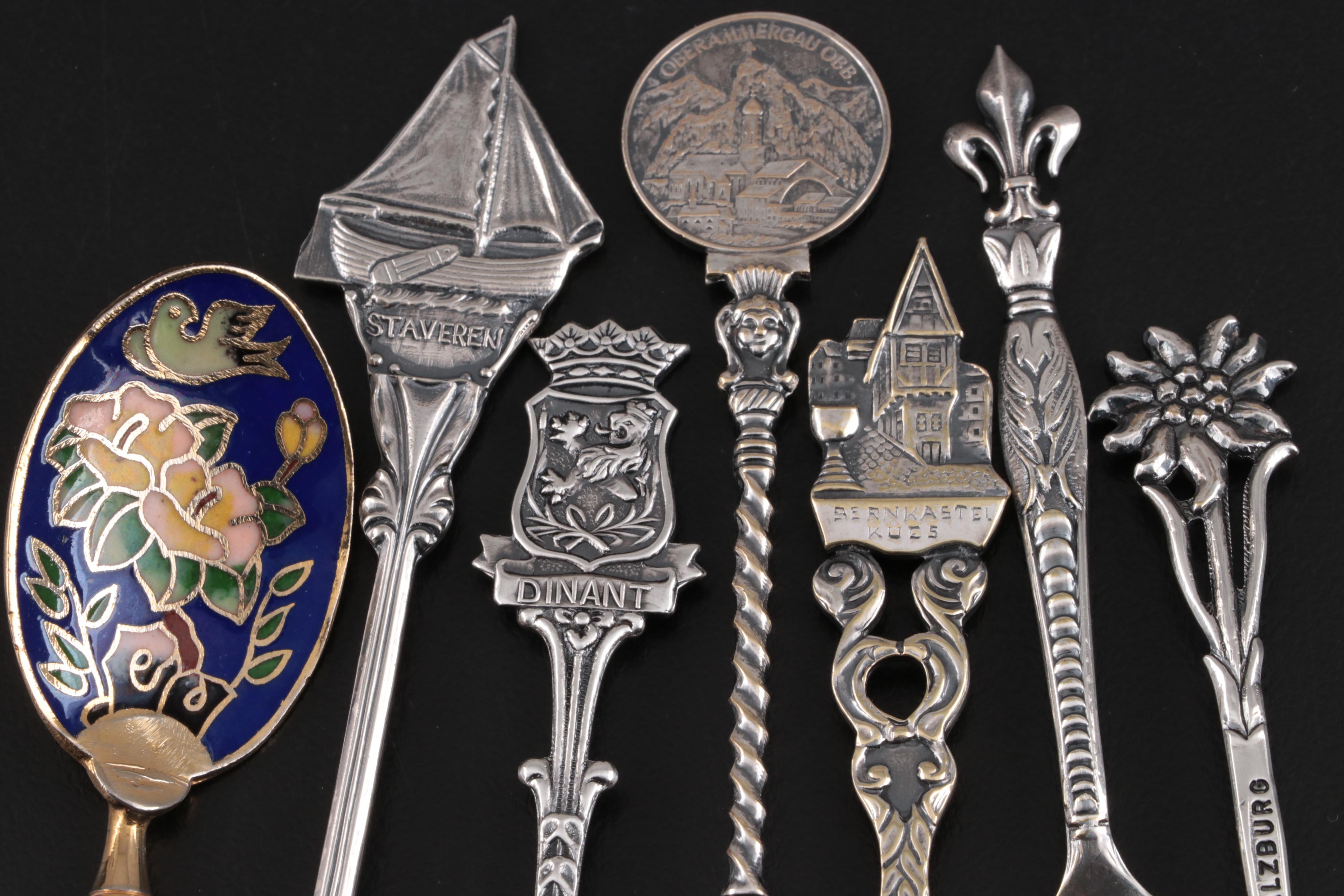 Souvenir Spoons Including Italian 800 Silver, French Silver Plate, and Others