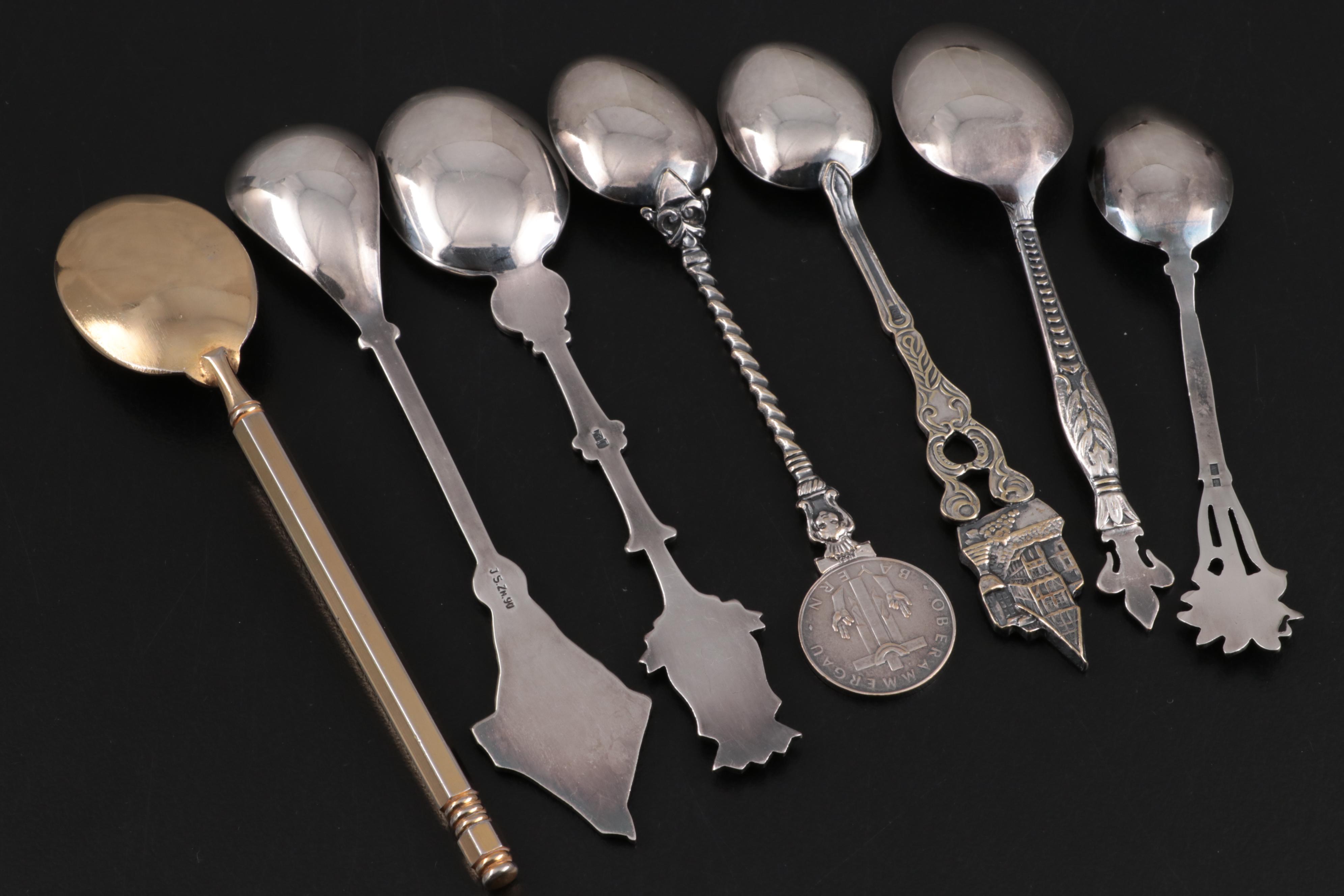 Souvenir Spoons Including Italian 800 Silver, French Silver Plate, and Others