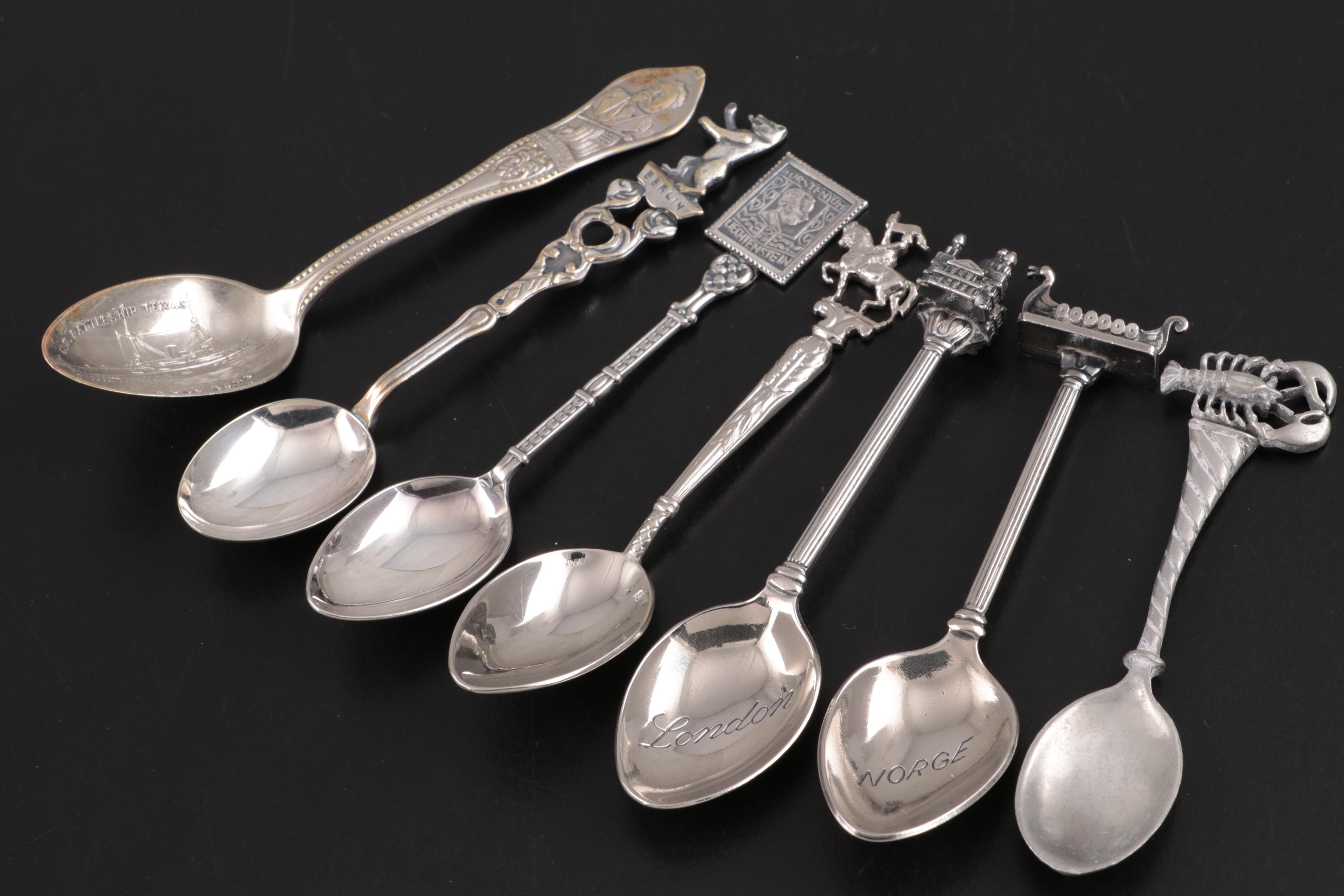 Souvenir Spoons Including Italian 800 Silver, French Silver Plate, and Others